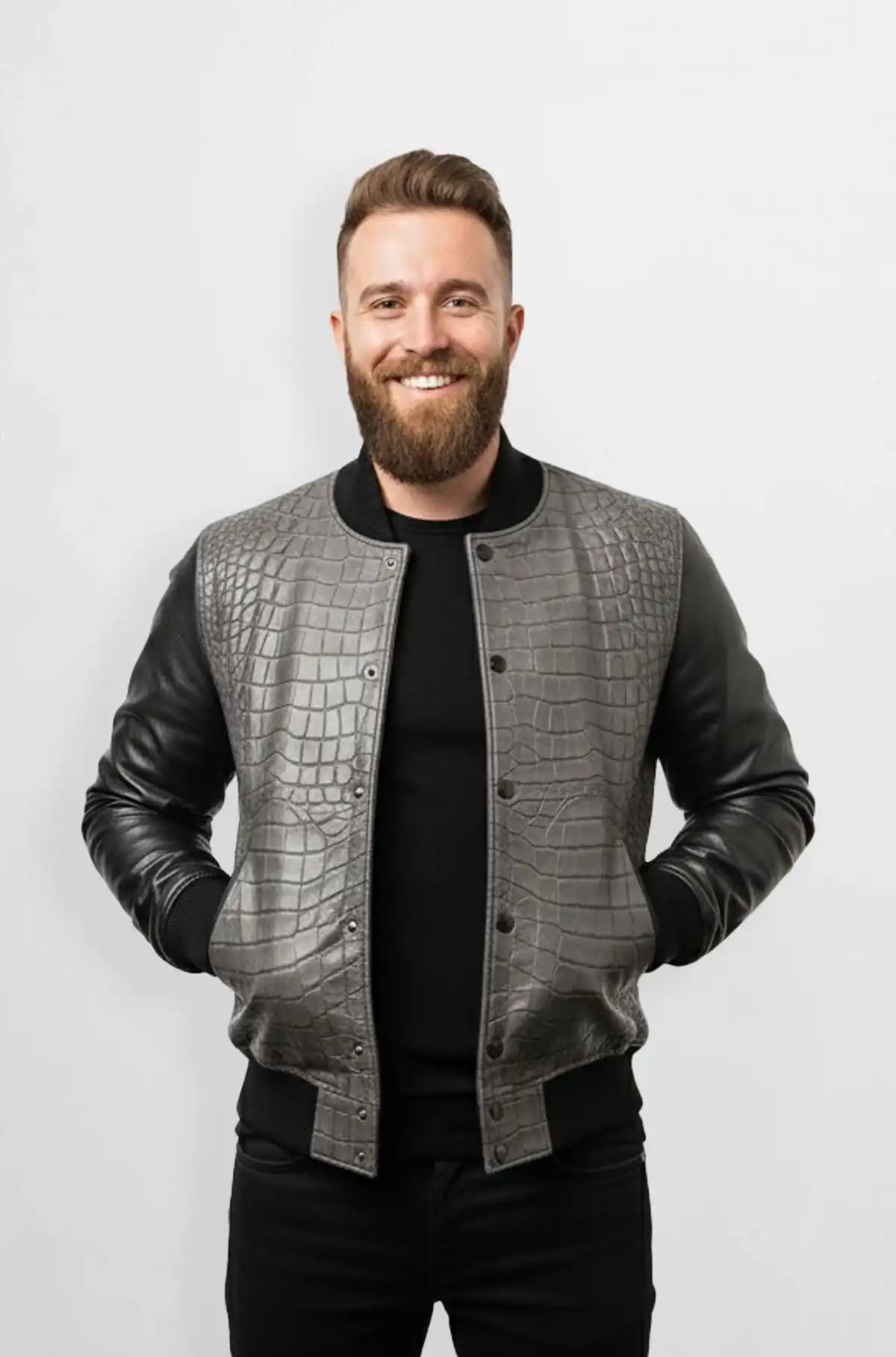 Crocodile Patterned Bomber Jacket in Grey and Black Crocodile Patterned Bomber Jacket in Grey and Black