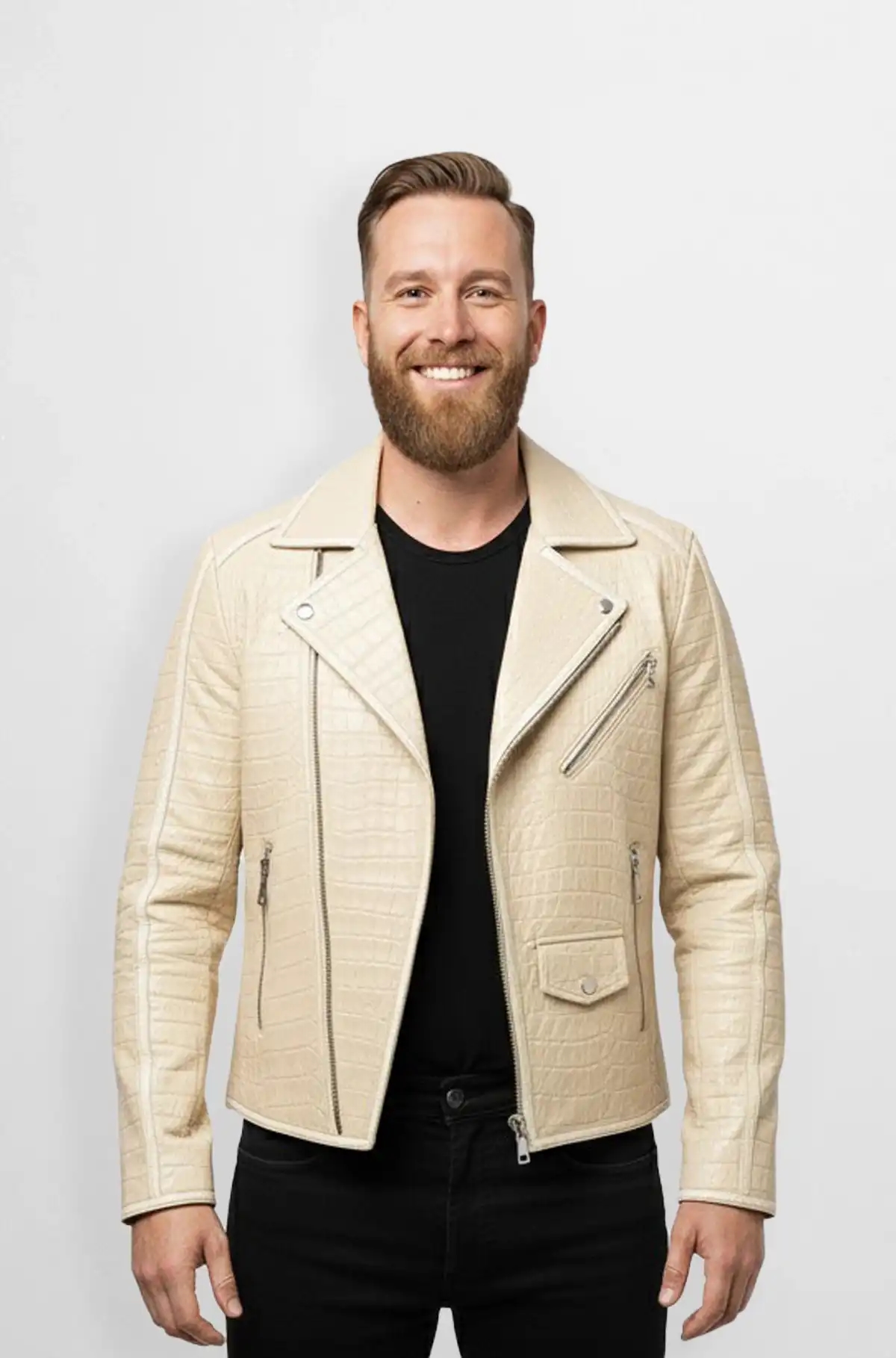 Crocodile Print Beige and Black Biker Leather Jacket Crocodile Print Beige and Black Biker Leather Jacket