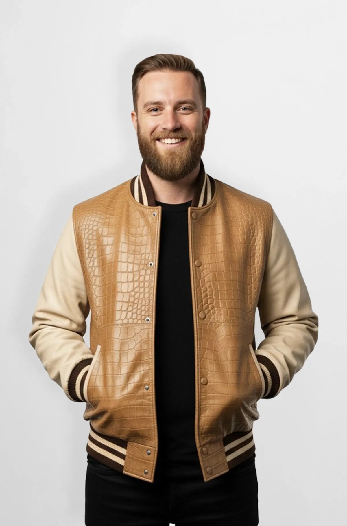 Crocodile Tan Varsity Leather Jacket Crocodile Tan Varsity Leather Jacket