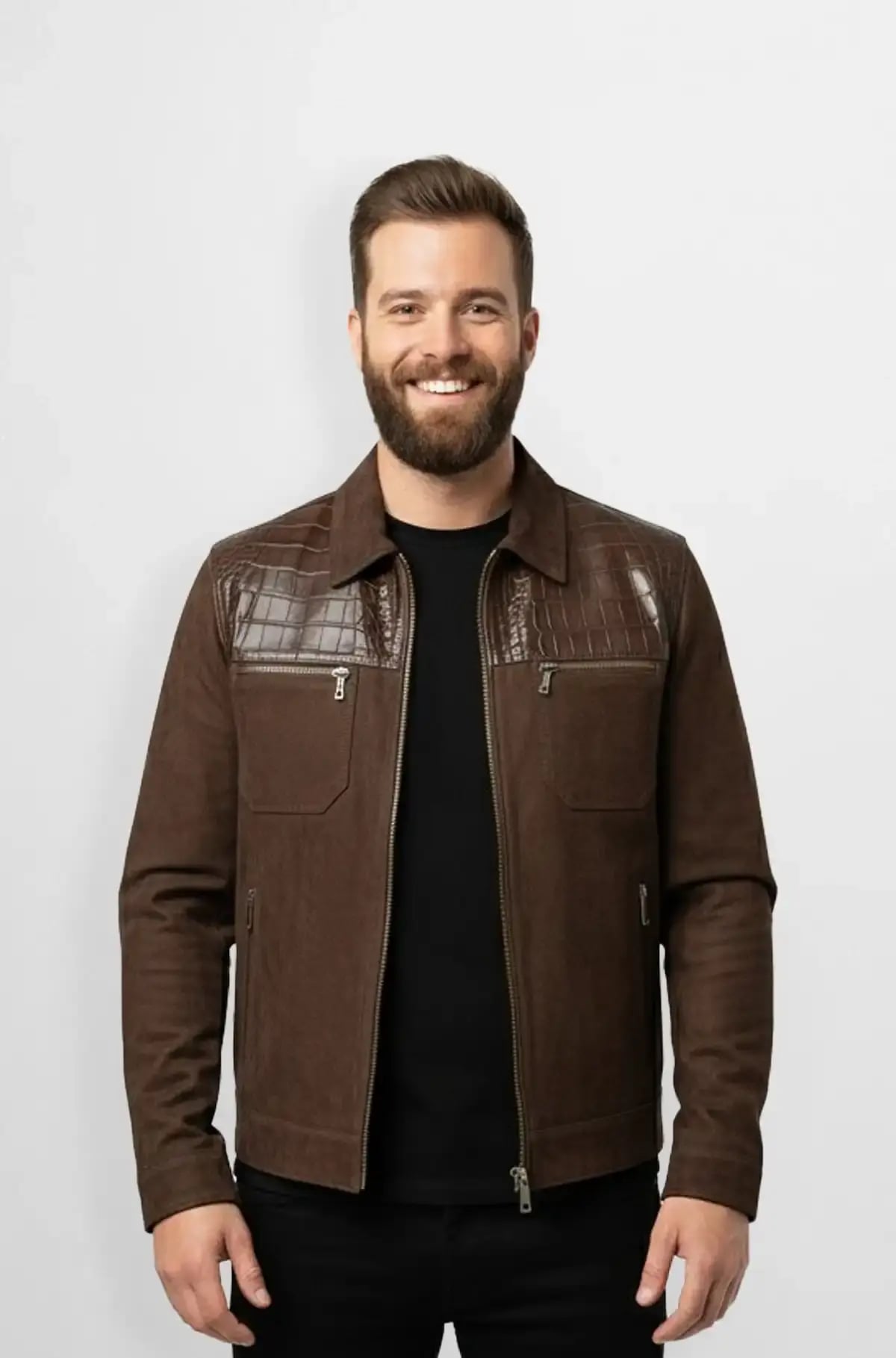 Crocodile Trim Classic Brown Suede Jacket Crocodile Trim Classic Brown Suede Jacket