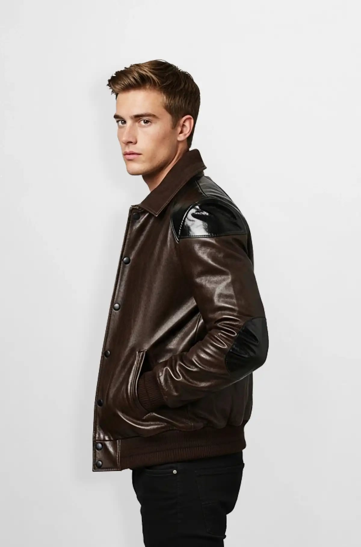 Dark Brown with Black Leather Accents Leather Bomber Jacket Dark Brown with Black Leather Accents Leather Bomber Jacket