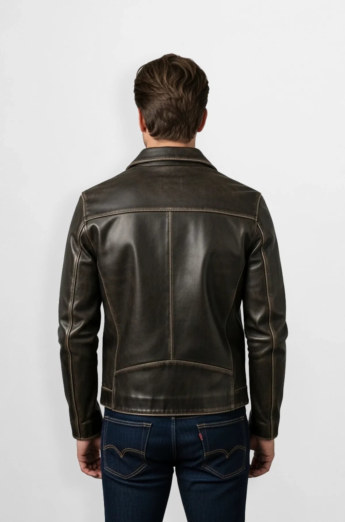 Distressed Dark Brown Leather Racer Jacket Distressed Dark Brown Leather Racer Jacket