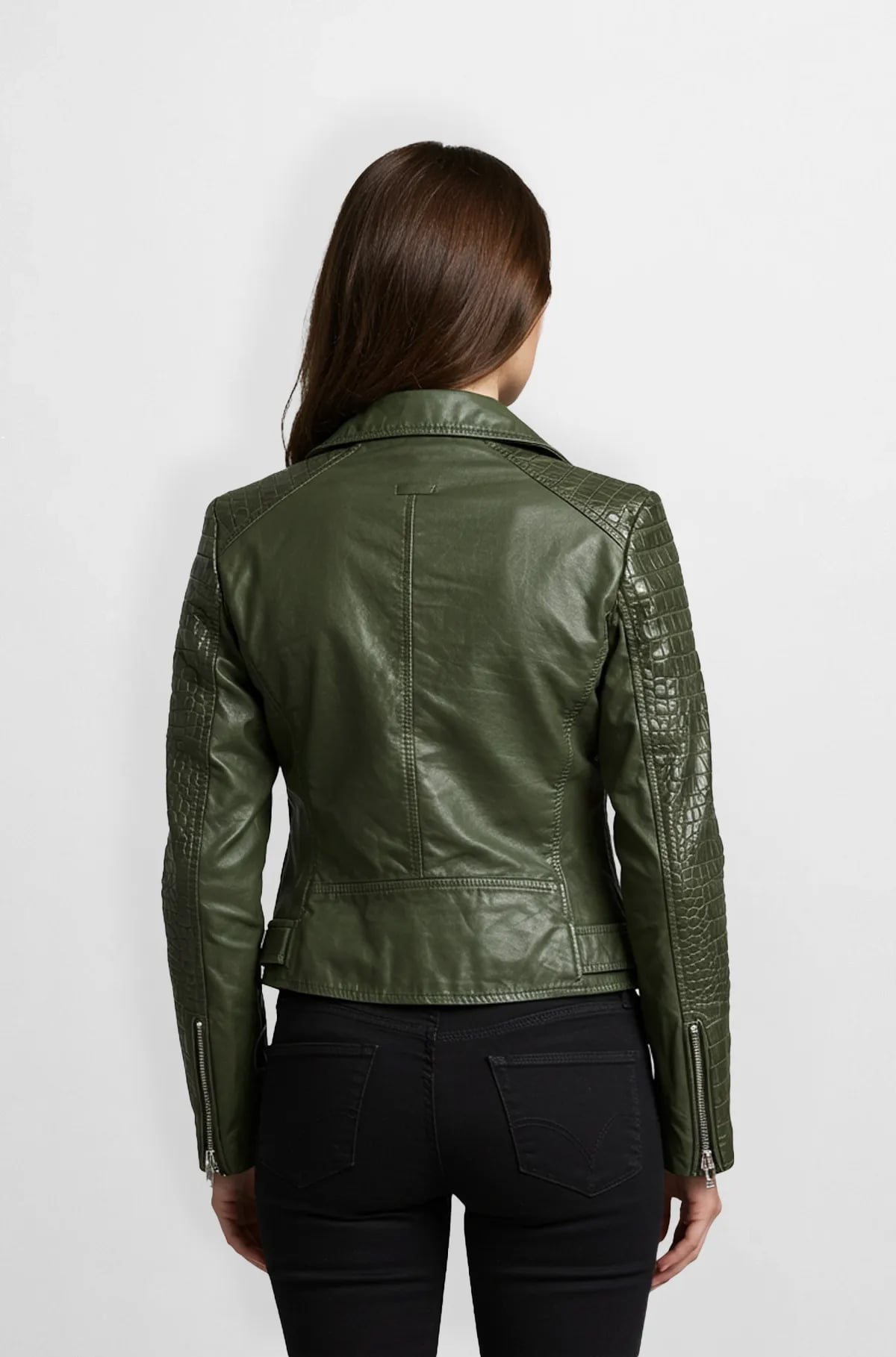 Forest Green Crocodile Sleeves Moto Leather Jacket Forest Green Crocodile Sleeves Moto Leather Jacket