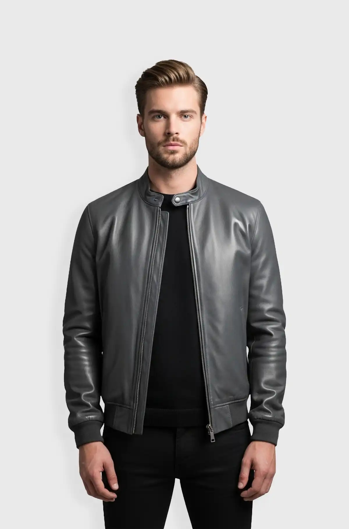 Graphite Grey Leather Bomber Jacket Graphite Grey Leather Bomber Jacket