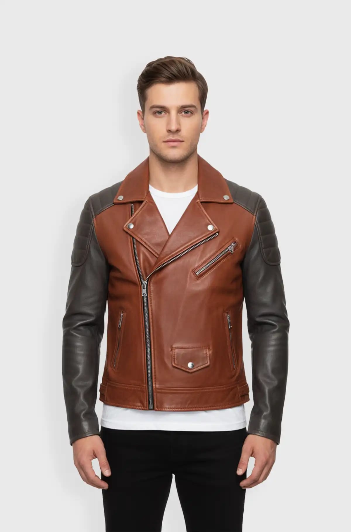 Grey And Cognac Brown Leather Biker Jacket Grey And Cognac Brown Leather Biker Jacket