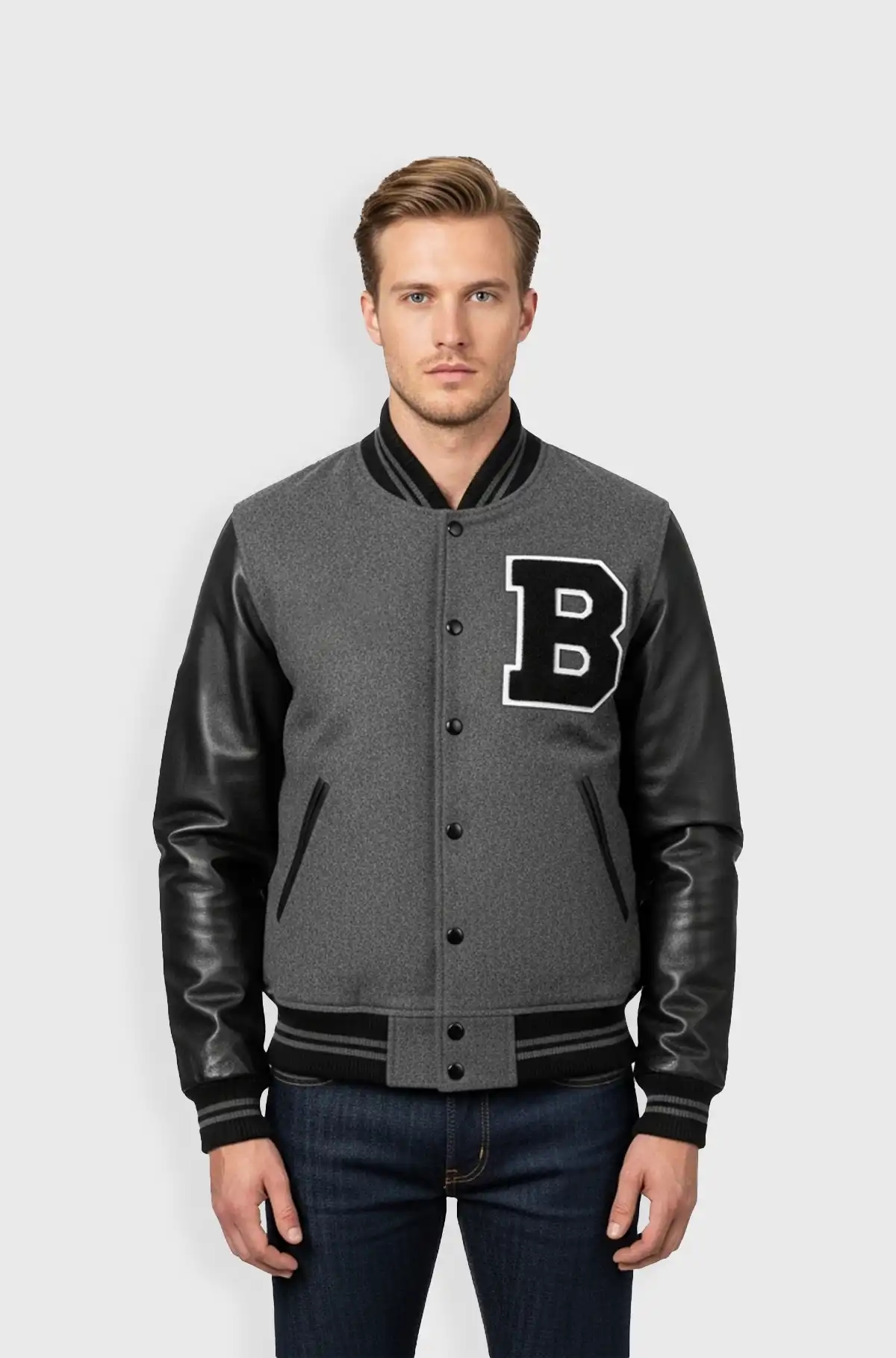 Grey Black Leather Varsity Jacket Grey Black Leather Varsity Jacket