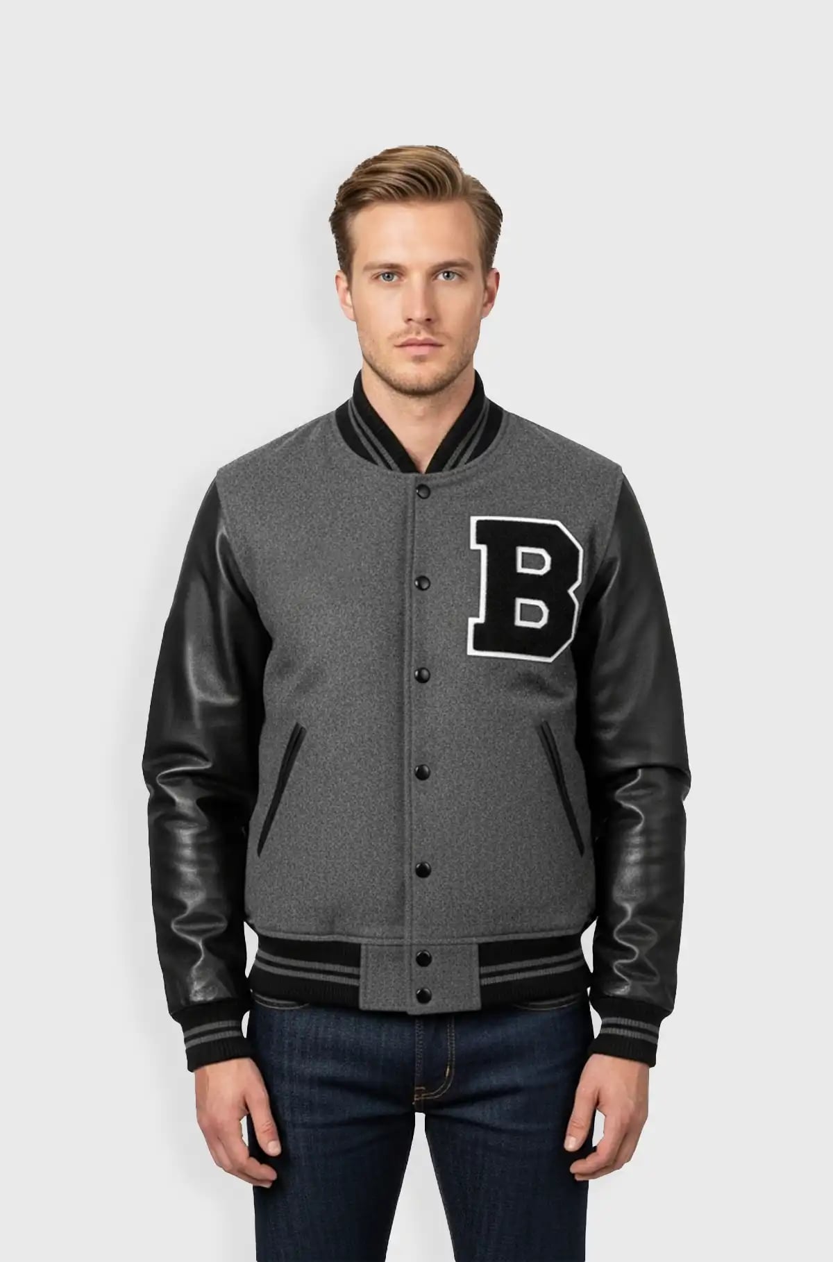 Grey Black Leather Varsity Jacket Grey Black Leather Varsity Jacket