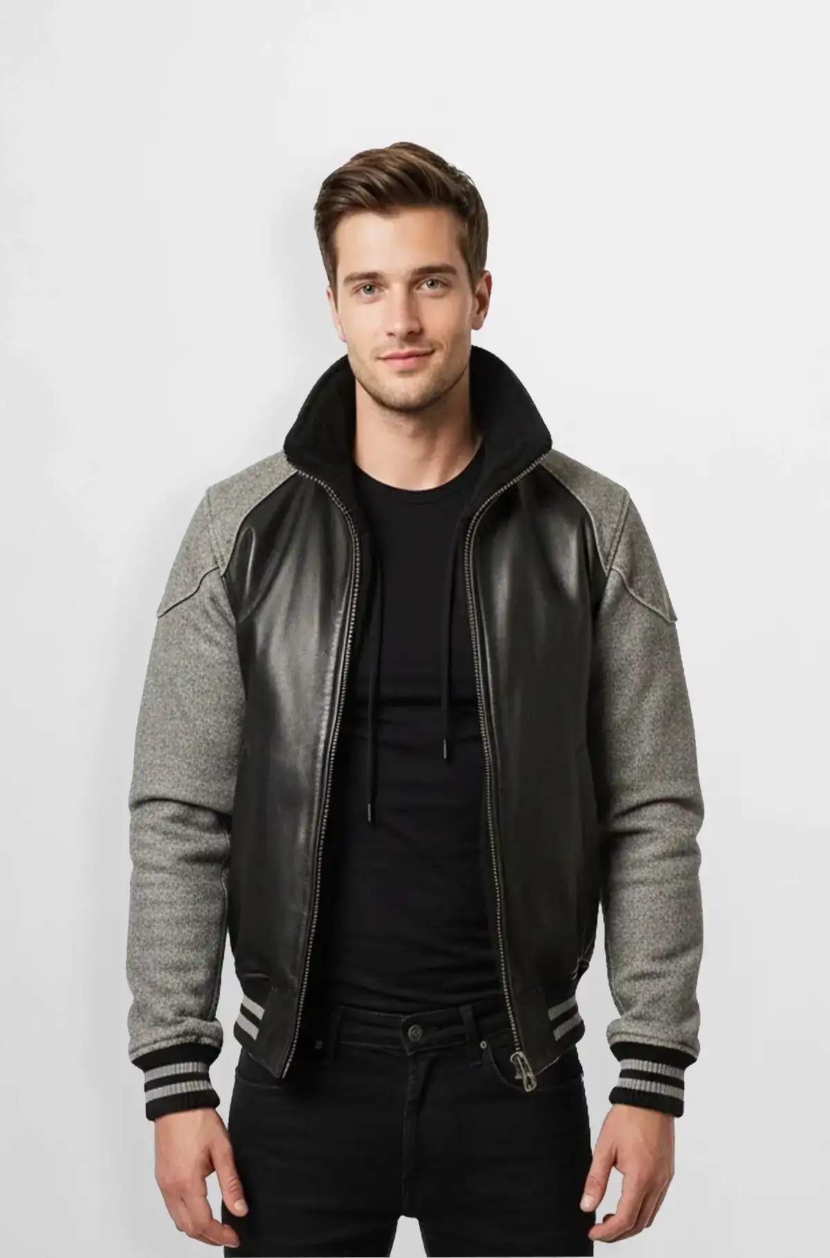 Grey Sleeve Black Leather Varsity Jacket Grey Sleeve Black Leather Varsity Jacket