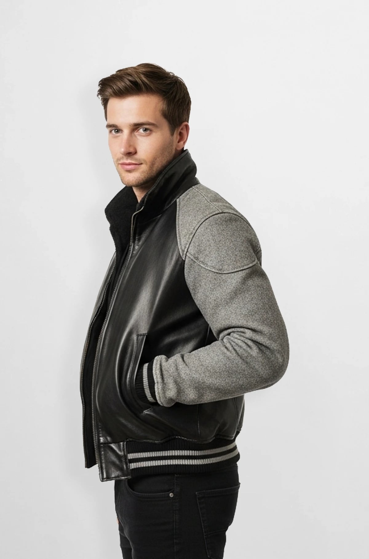 Grey Sleeve Black Leather Varsity Jacket Grey Sleeve Black Leather Varsity Jacket