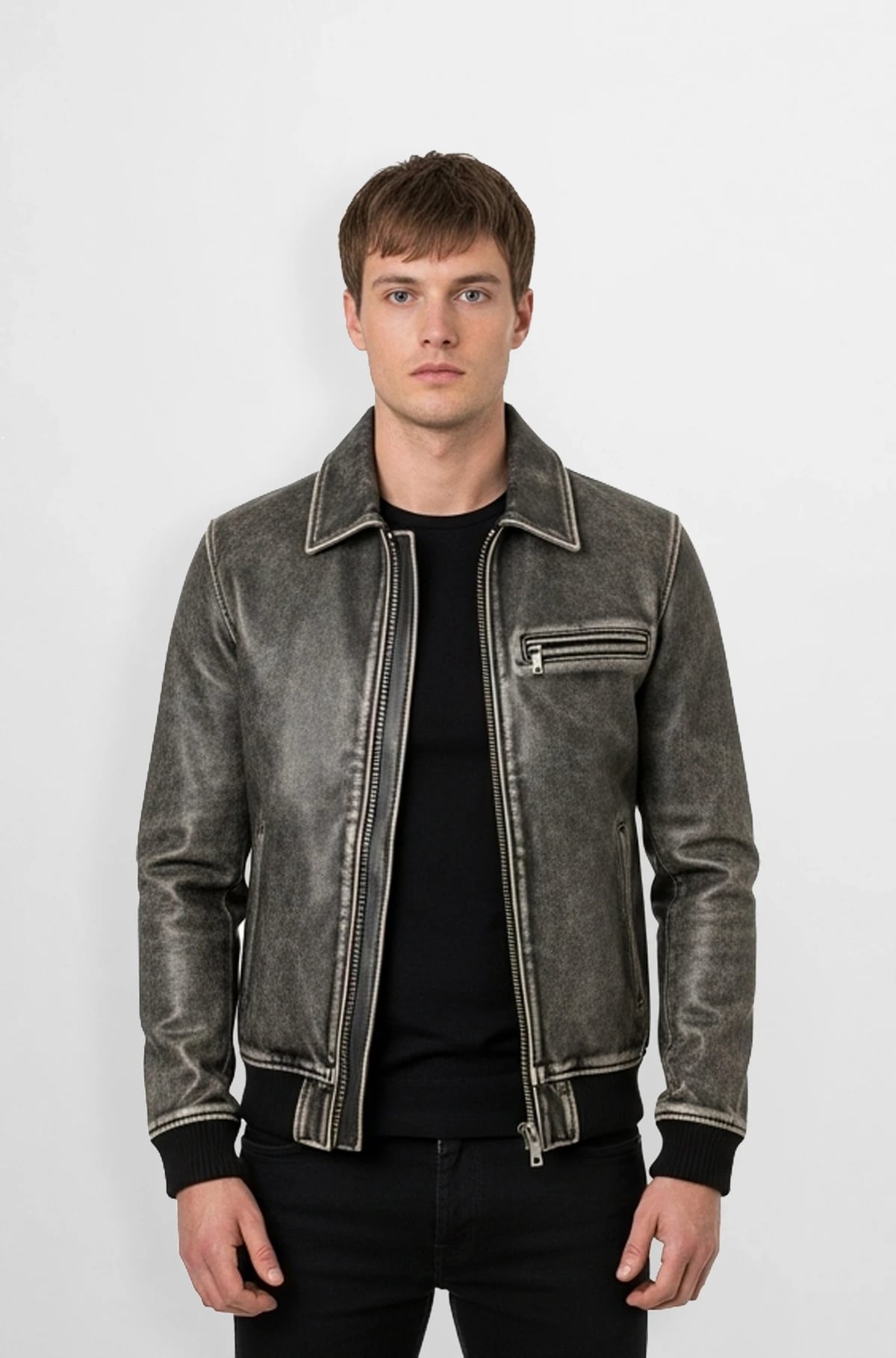 Grey Vintage Black Distressed Leather Jacket Grey Vintage Black Distressed Leather Jacket
