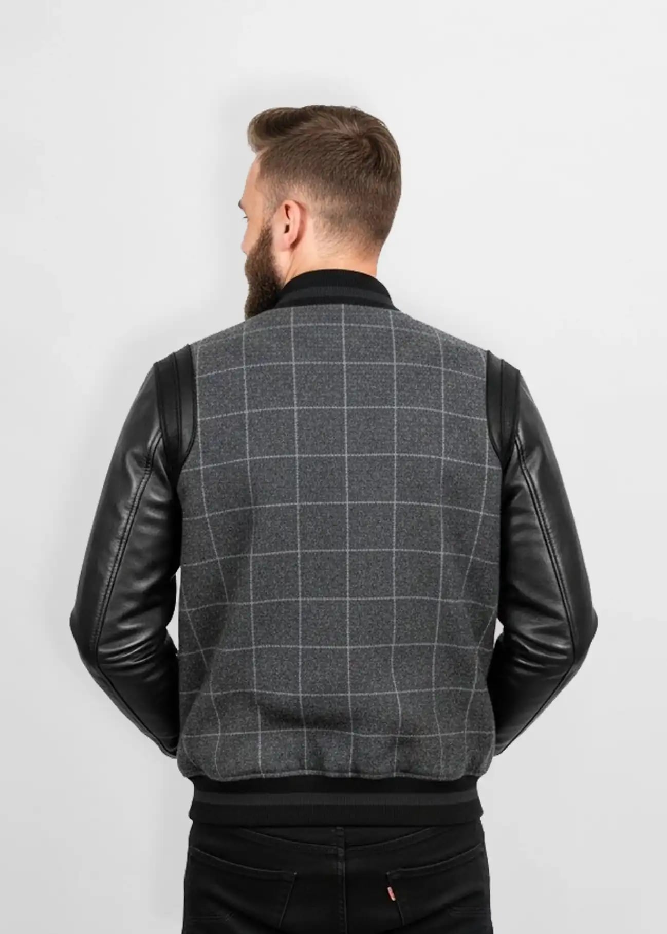 Grey Windowpane Wool Leather Bomber Jacket Grey Windowpane Wool Leather Bomber Jacket