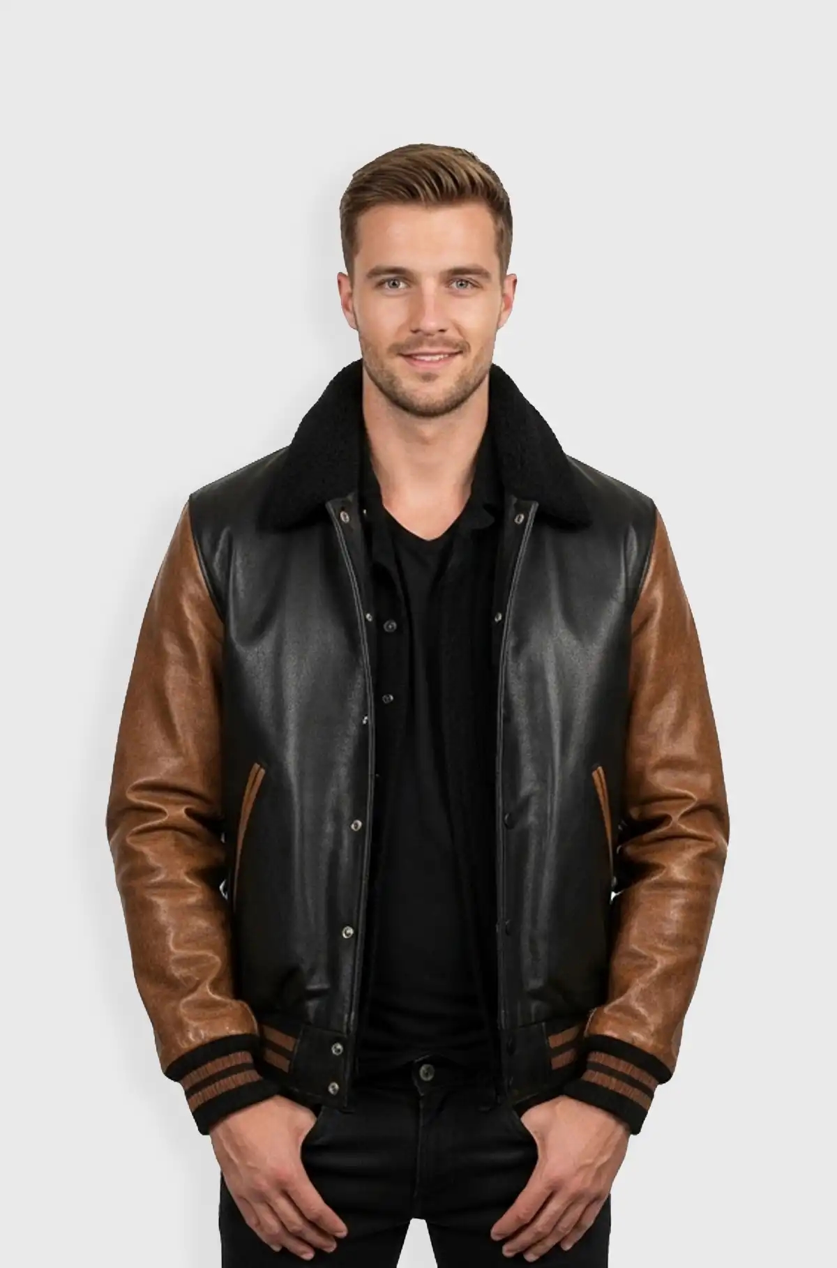 Heritage Luxe Black and Brown Varsity Leather Jacket Heritage Luxe Black and Brown Varsity Leather Jacket