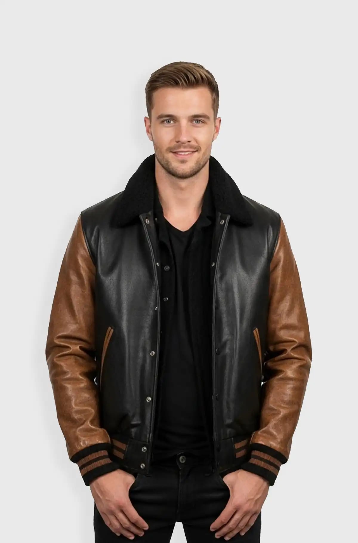 Heritage Luxe Black and Brown Varsity Leather Jacket Heritage Luxe Black and Brown Varsity Leather Jacket