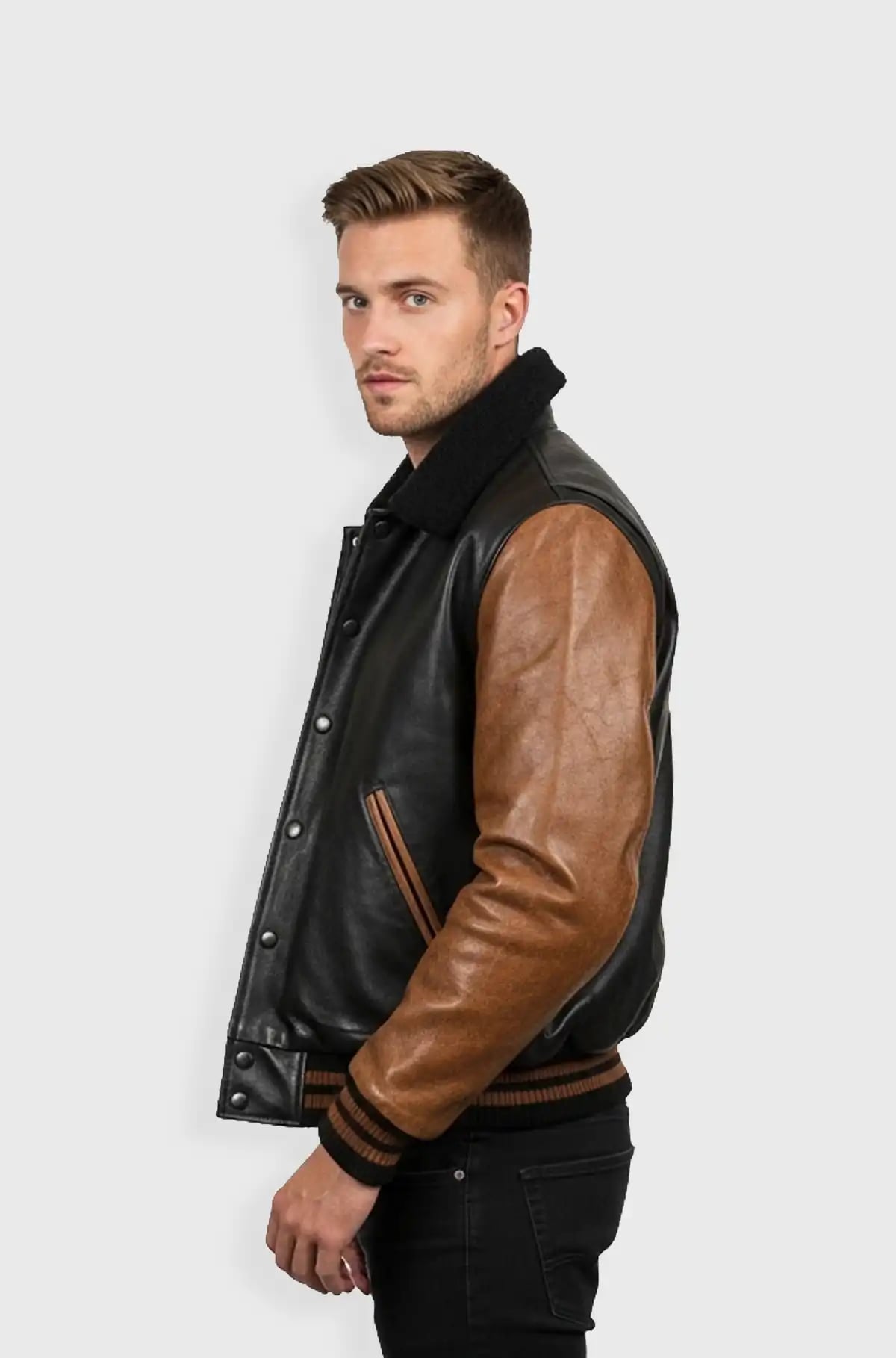 Heritage Luxe Black and Brown Varsity Leather Jacket Heritage Luxe Black and Brown Varsity Leather Jacket