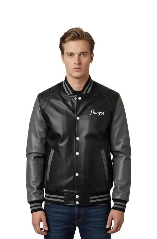 Jet Black Grey Varsity Leather Jacket Jet Black Grey Varsity Leather Jacket
