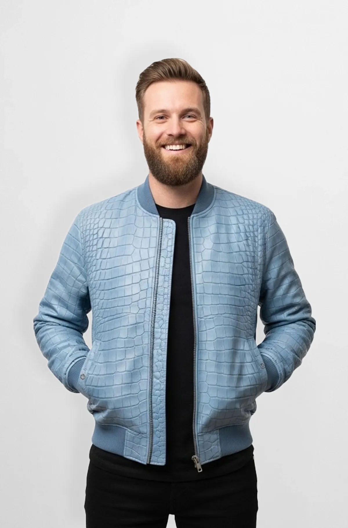 Light Blue Crocodile Bomber Jacket Light Blue Crocodile Bomber Jacket