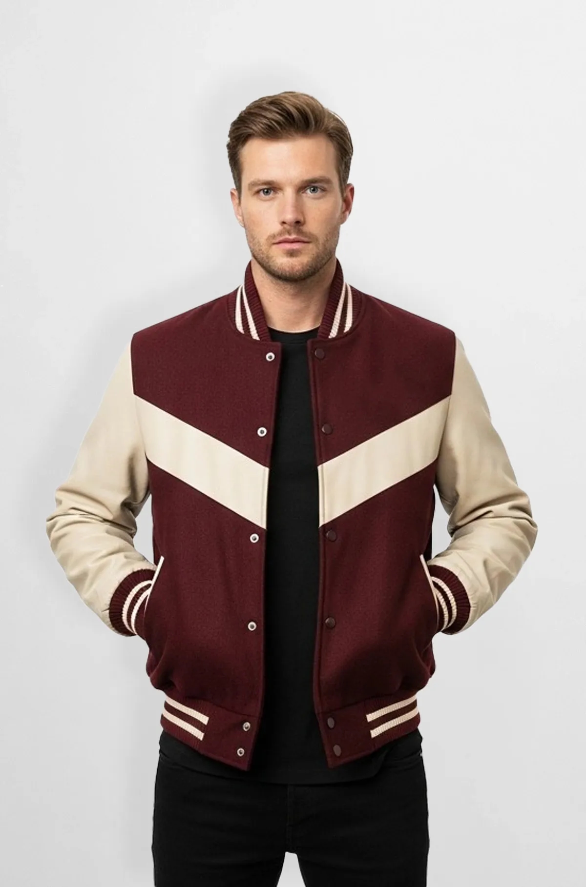 Maroon And Cream Varsity Leather Bomber Jacket Maroon And Cream Varsity Leather Bomber Jacket