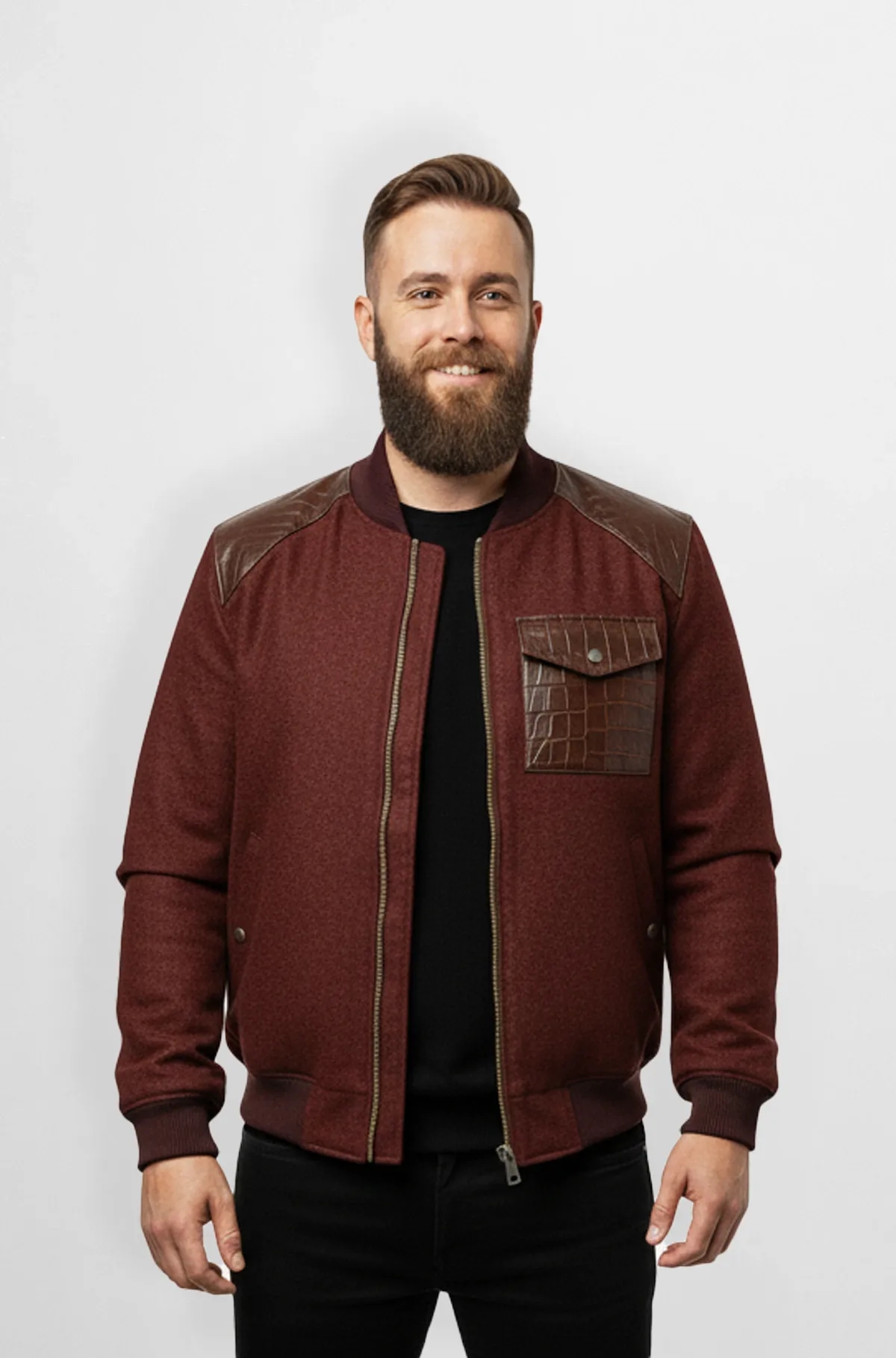 Maroon Crocodile Wool Leather Bomber Jacket Maroon Crocodile Wool Leather Bomber Jacket