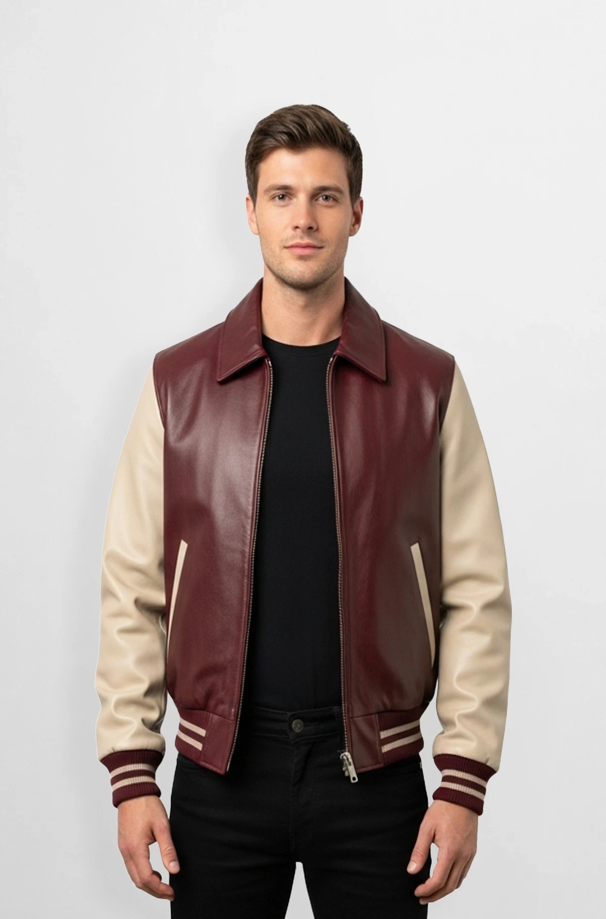 Maroon and Beige Leather Varsity Jacket for Men Maroon and Beige Leather Varsity Jacket for Men