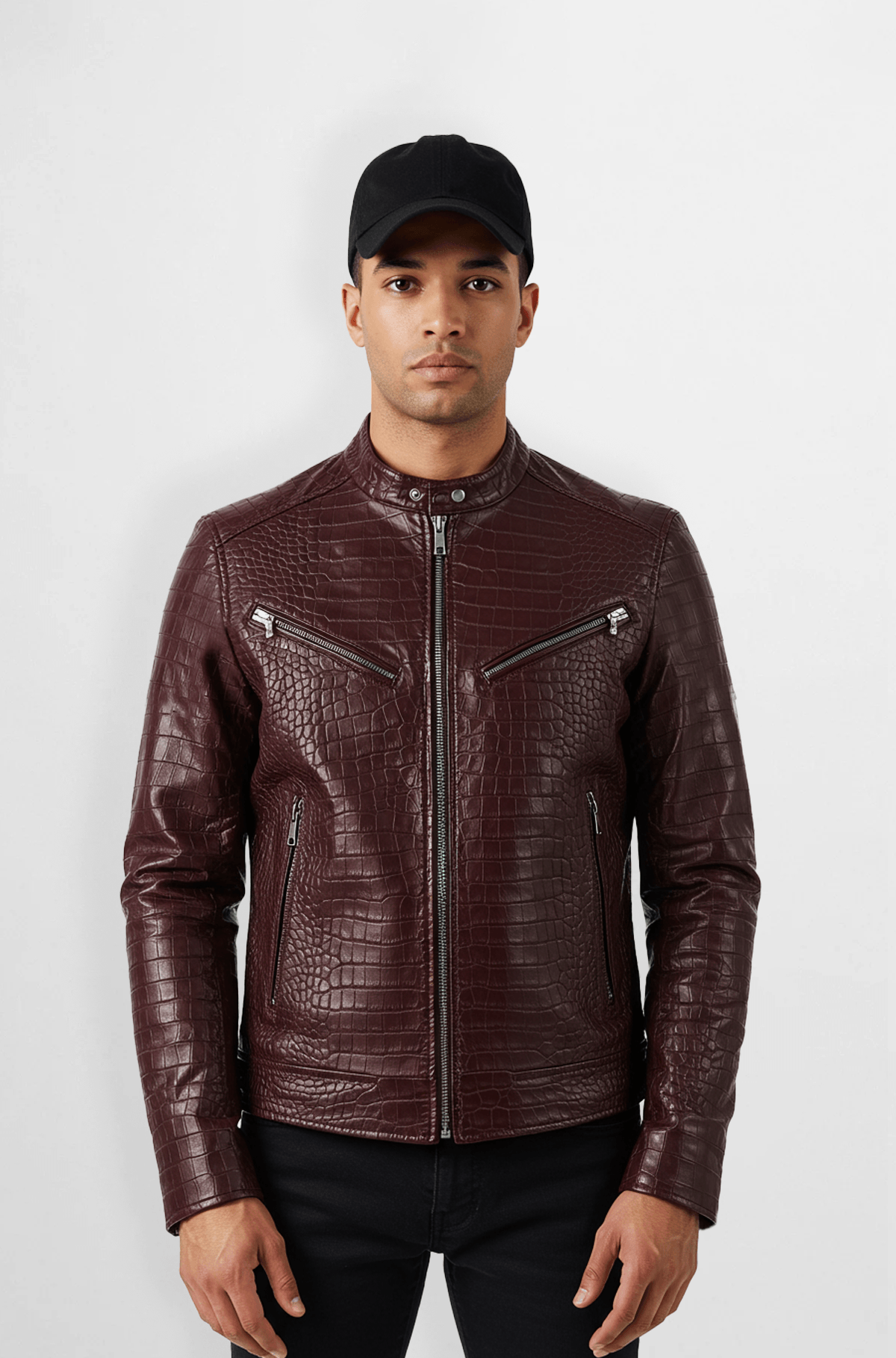 Maroon crocodile leather biker jacket Maroon crocodile leather biker jacket