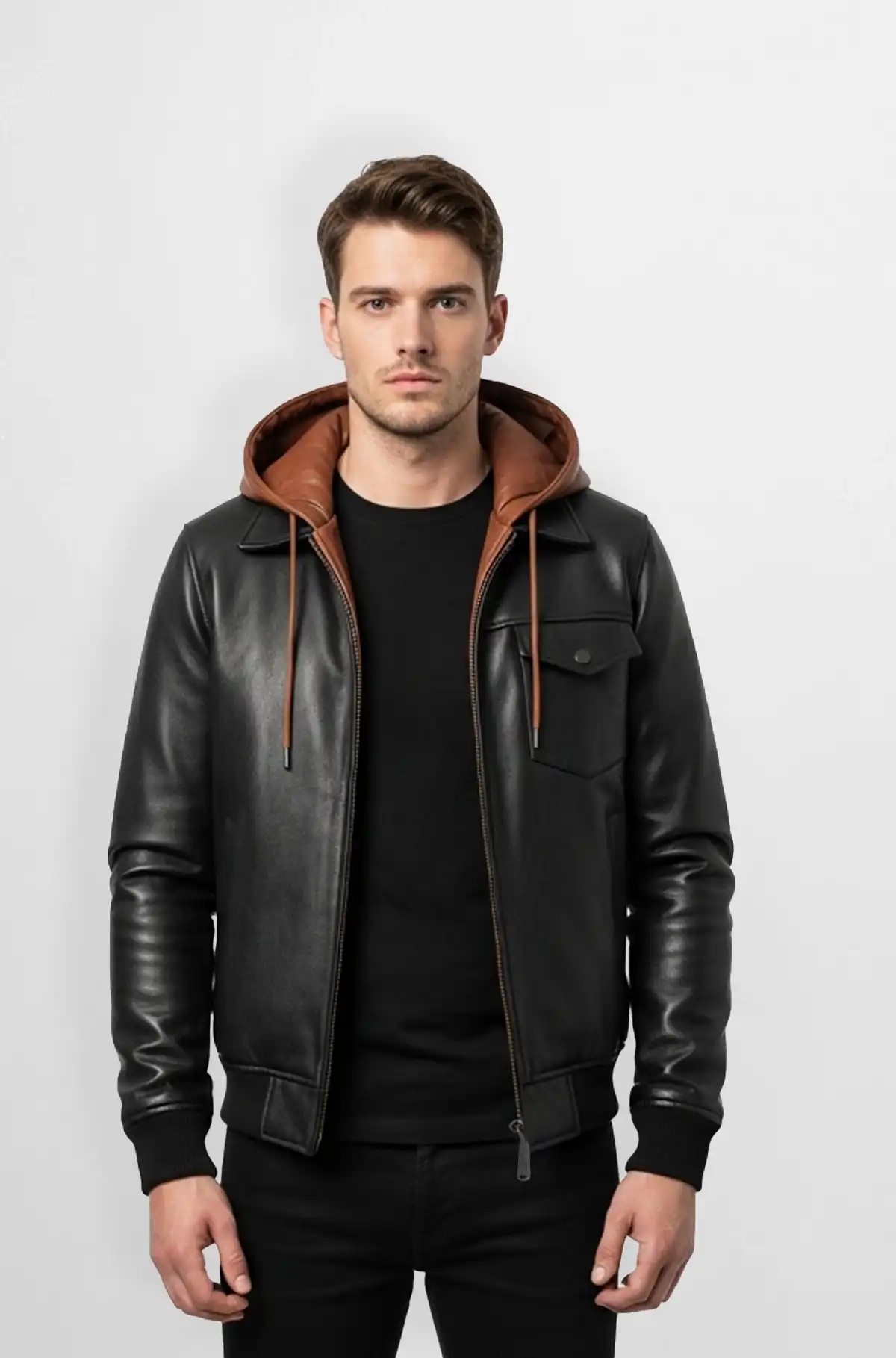 Matte Black Leather Jacket with Brown Hood for Men Matte Black Leather Jacket with Brown Hood for Men