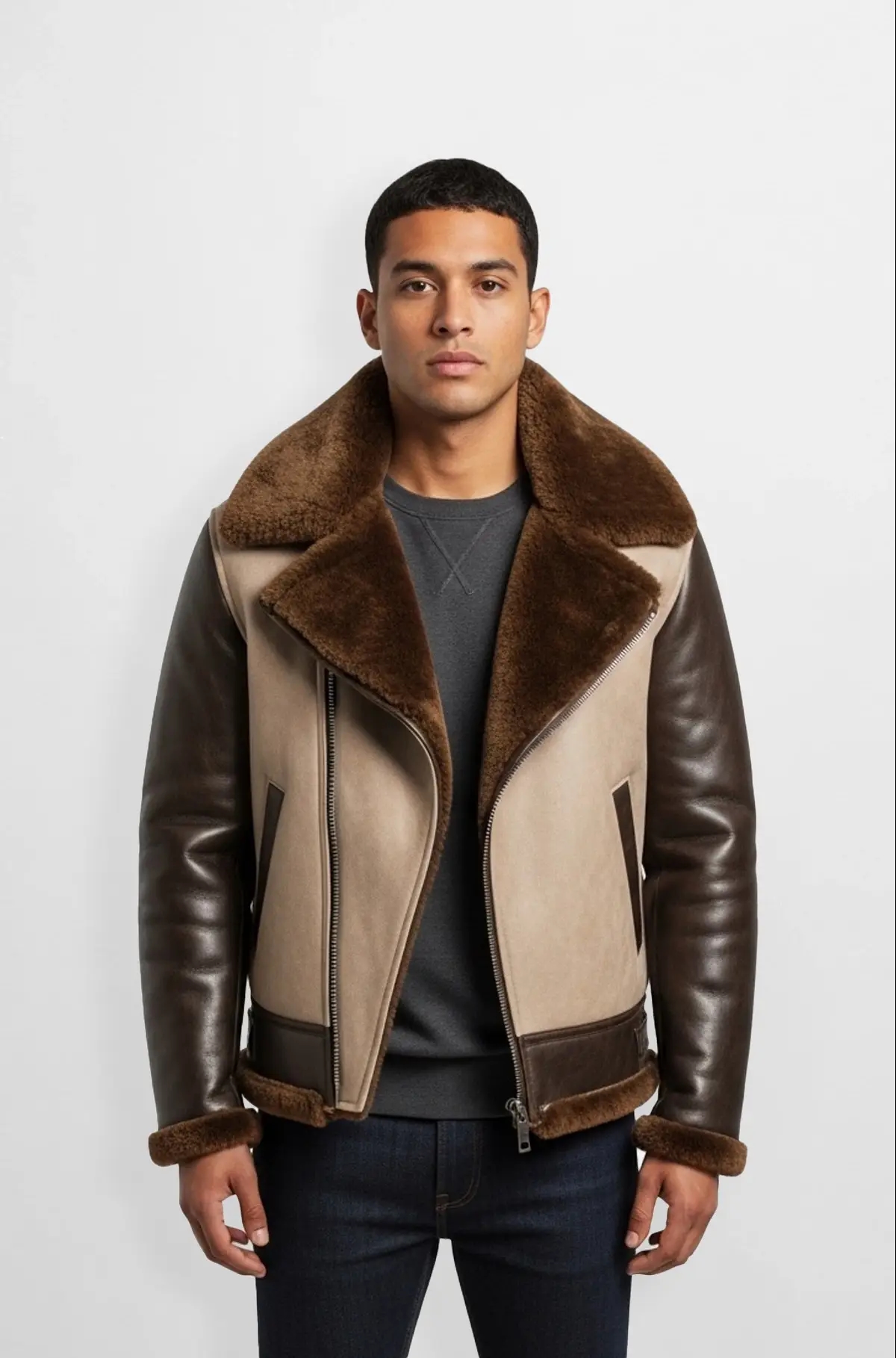 Mens Beige And Chocolate Brown Shearling Leather Jacket Mens Beige And Chocolate Brown Shearling Leather Jacket