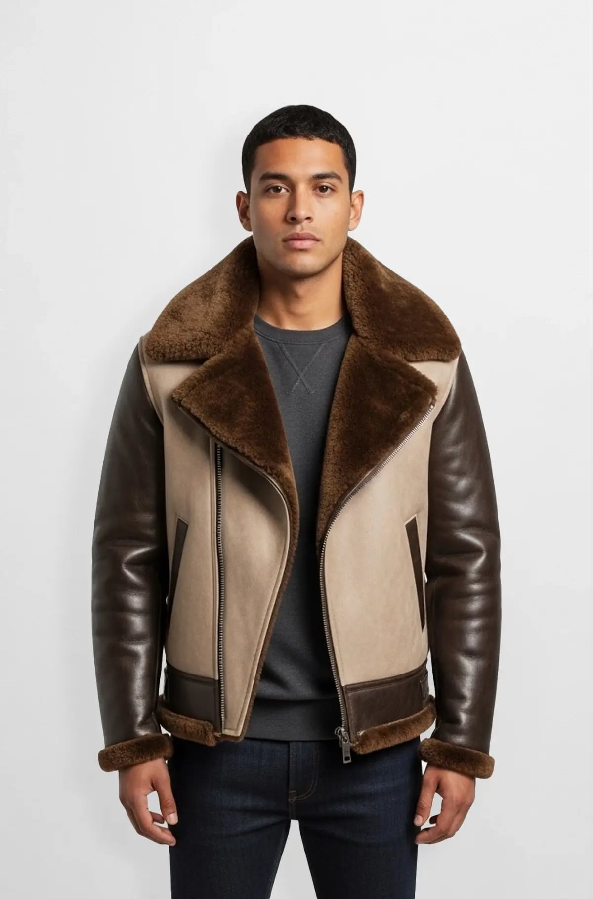 Mens Beige And Chocolate Brown Shearling Leather Jacket Mens Beige And Chocolate Brown Shearling Leather Jacket
