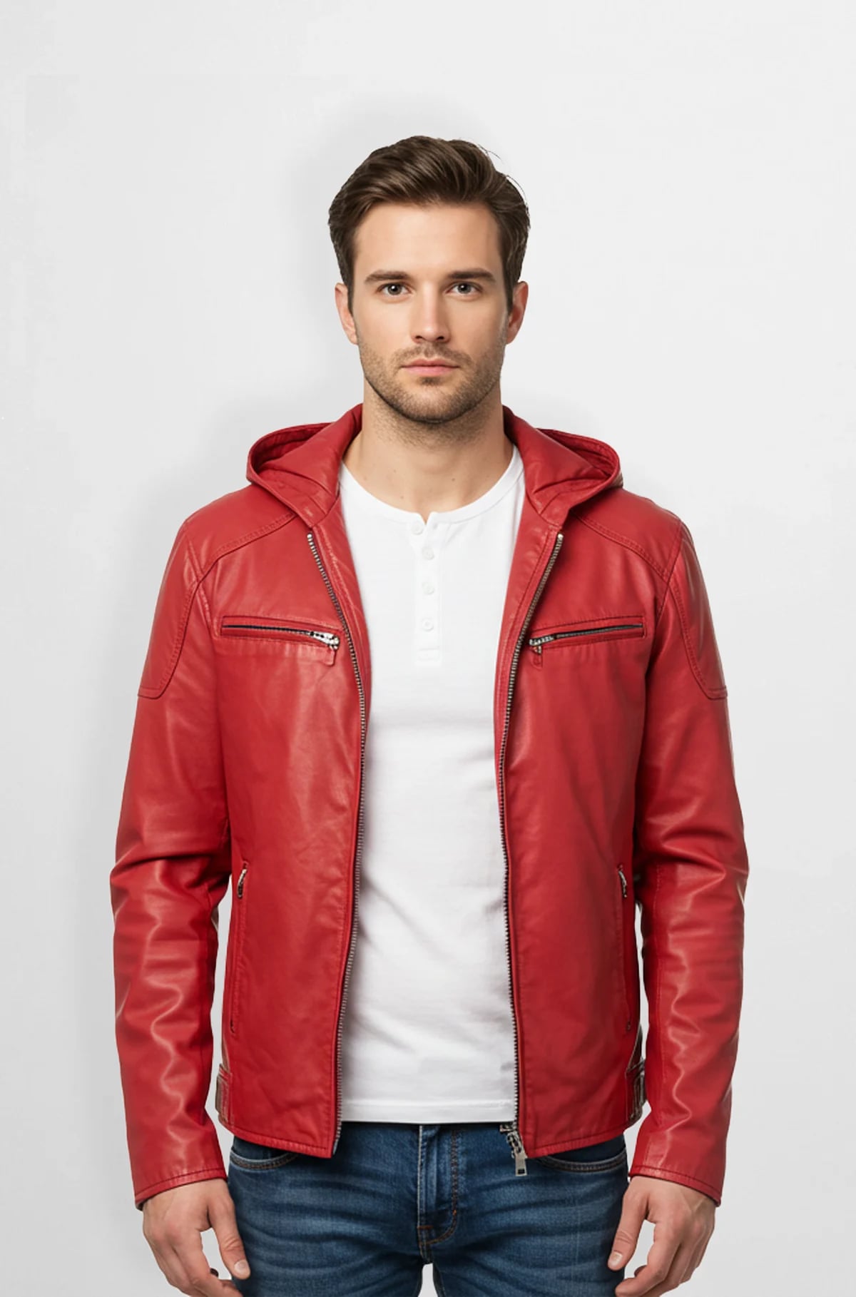 Mens Crimson Red Leather Hooded Jacket Mens Crimson Red Leather Hooded Jacket
