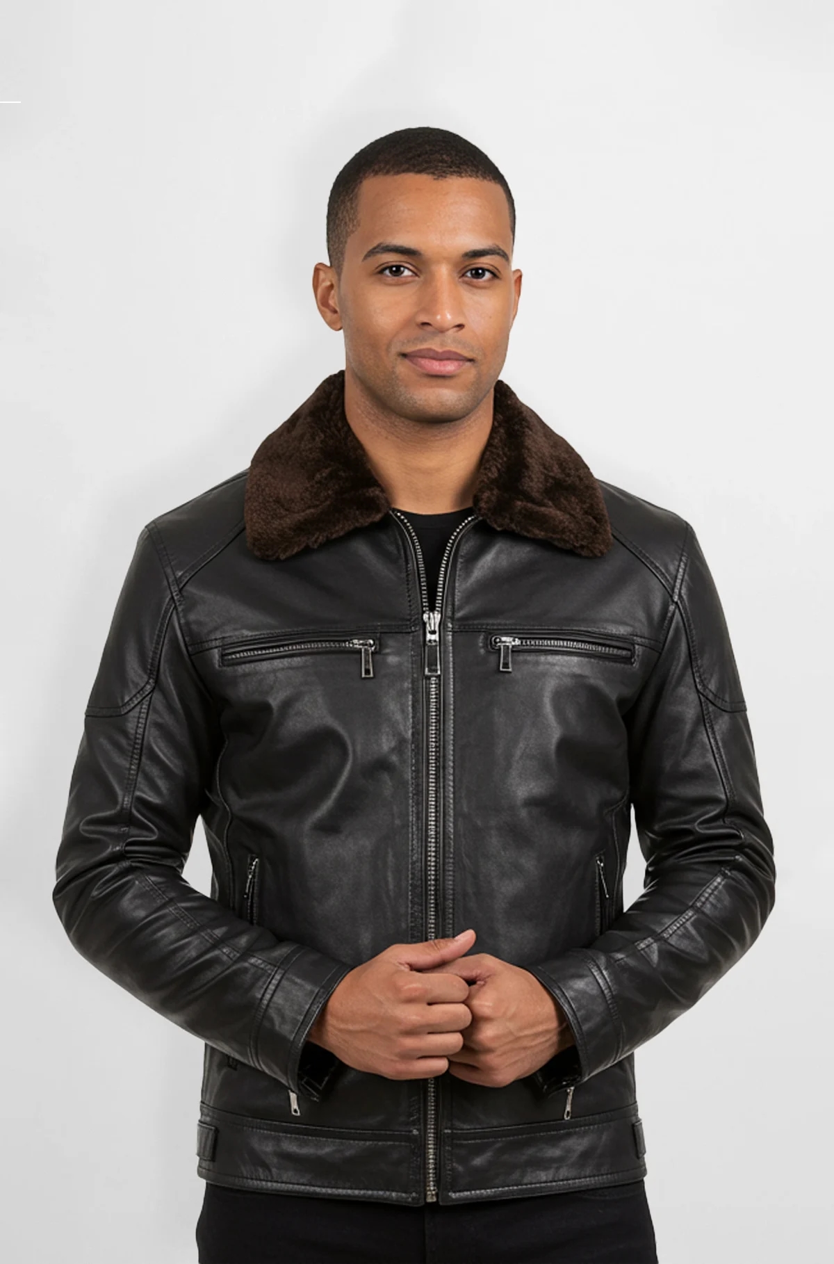 Mens Premium Black Leather Jacket with Brown Fur Collar Mens Premium Black Leather Jacket with Brown Fur Collar