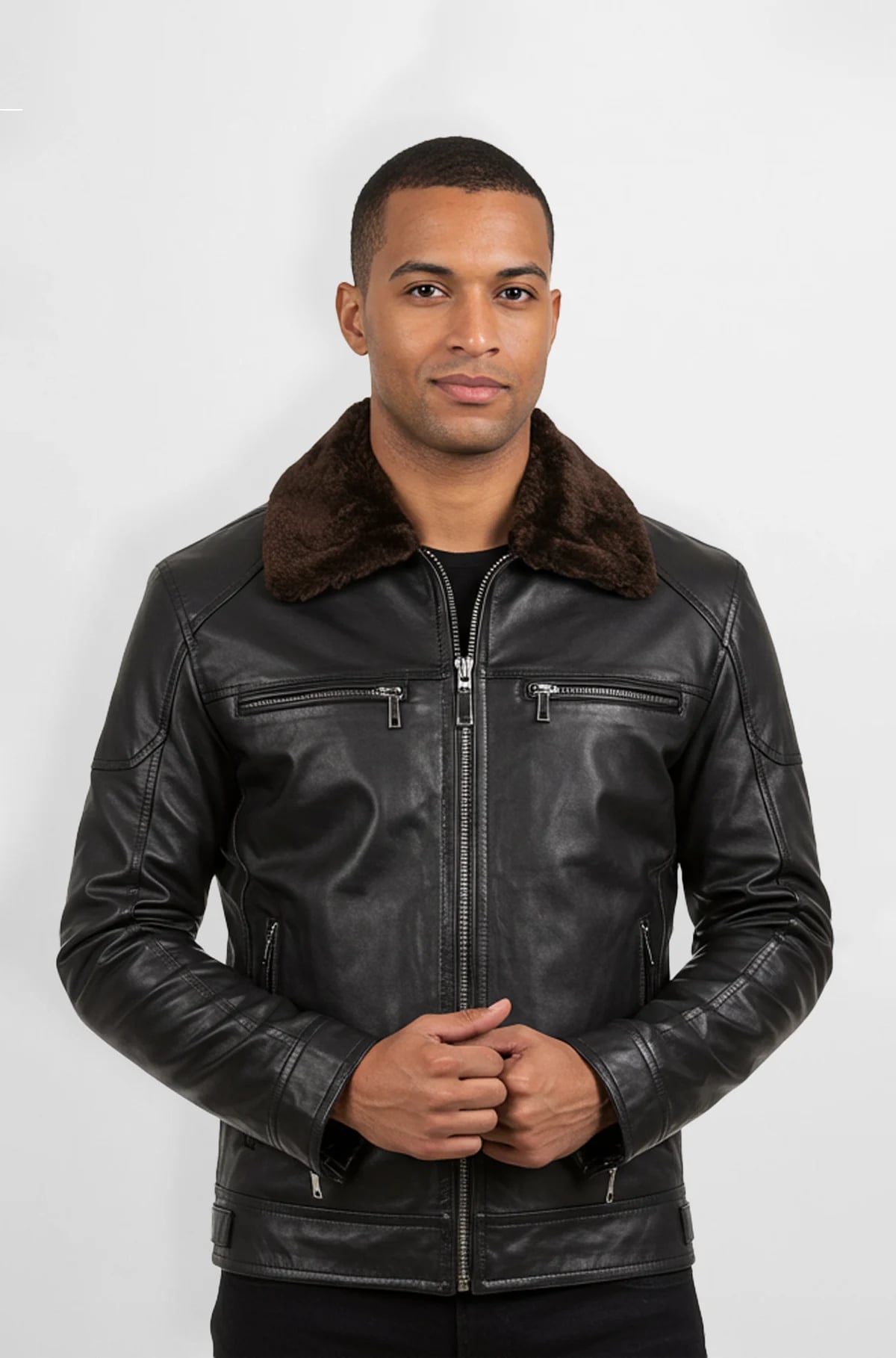 Mens Premium Black Leather Jacket with Brown Fur Collar Mens Premium Black Leather Jacket with Brown Fur Collar