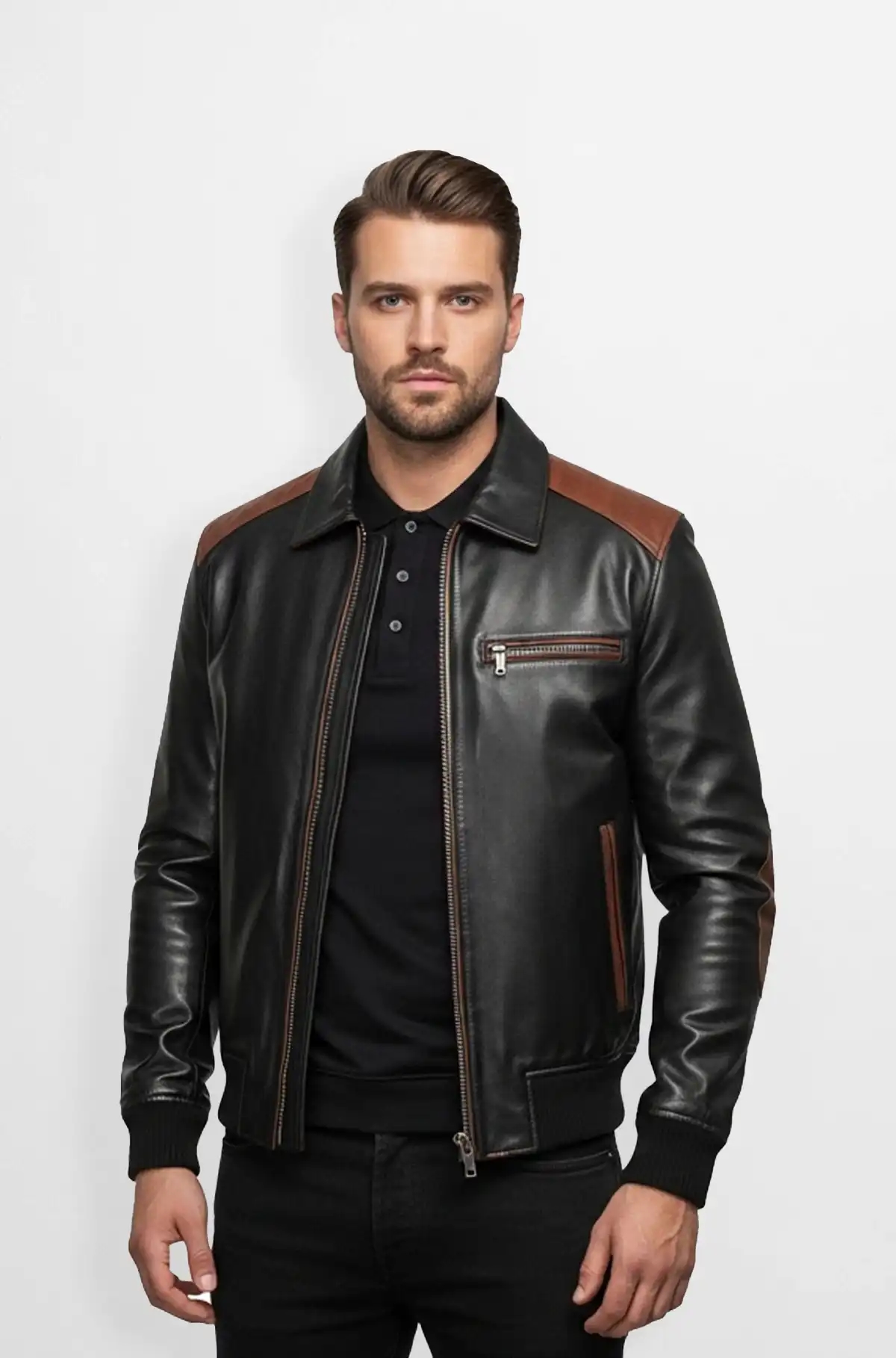 Mens Premium Black and Brown Leather Bomber Jacket Mens Premium Black and Brown Leather Bomber Jacket