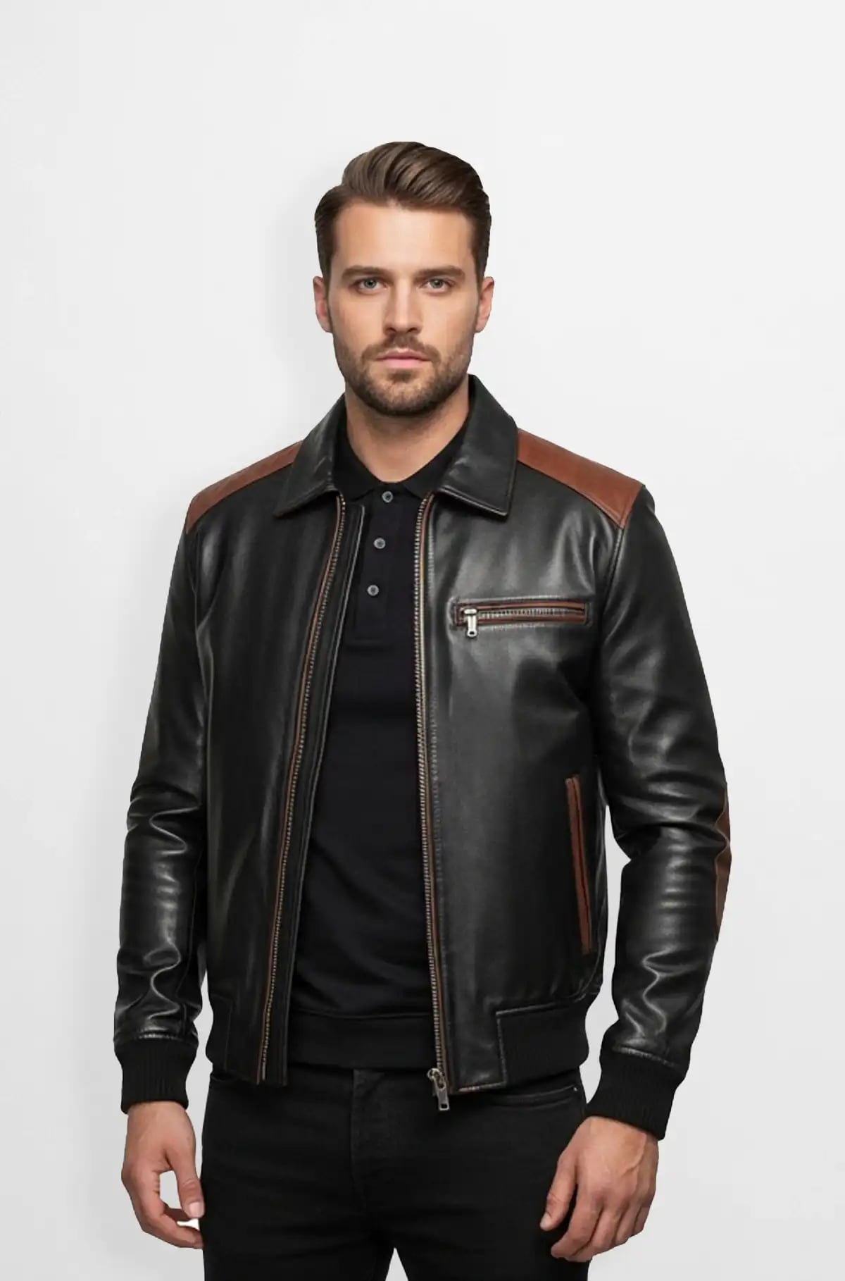 Mens Premium Black and Brown Leather Bomber Jacket Mens Premium Black and Brown Leather Bomber Jacket