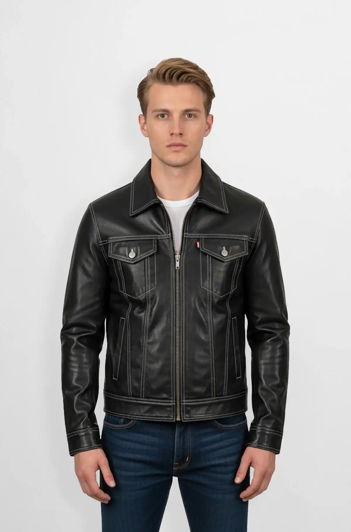 Mens Stitched Black Leather Bomber Jacket Mens Stitched Black Leather Bomber Jacket