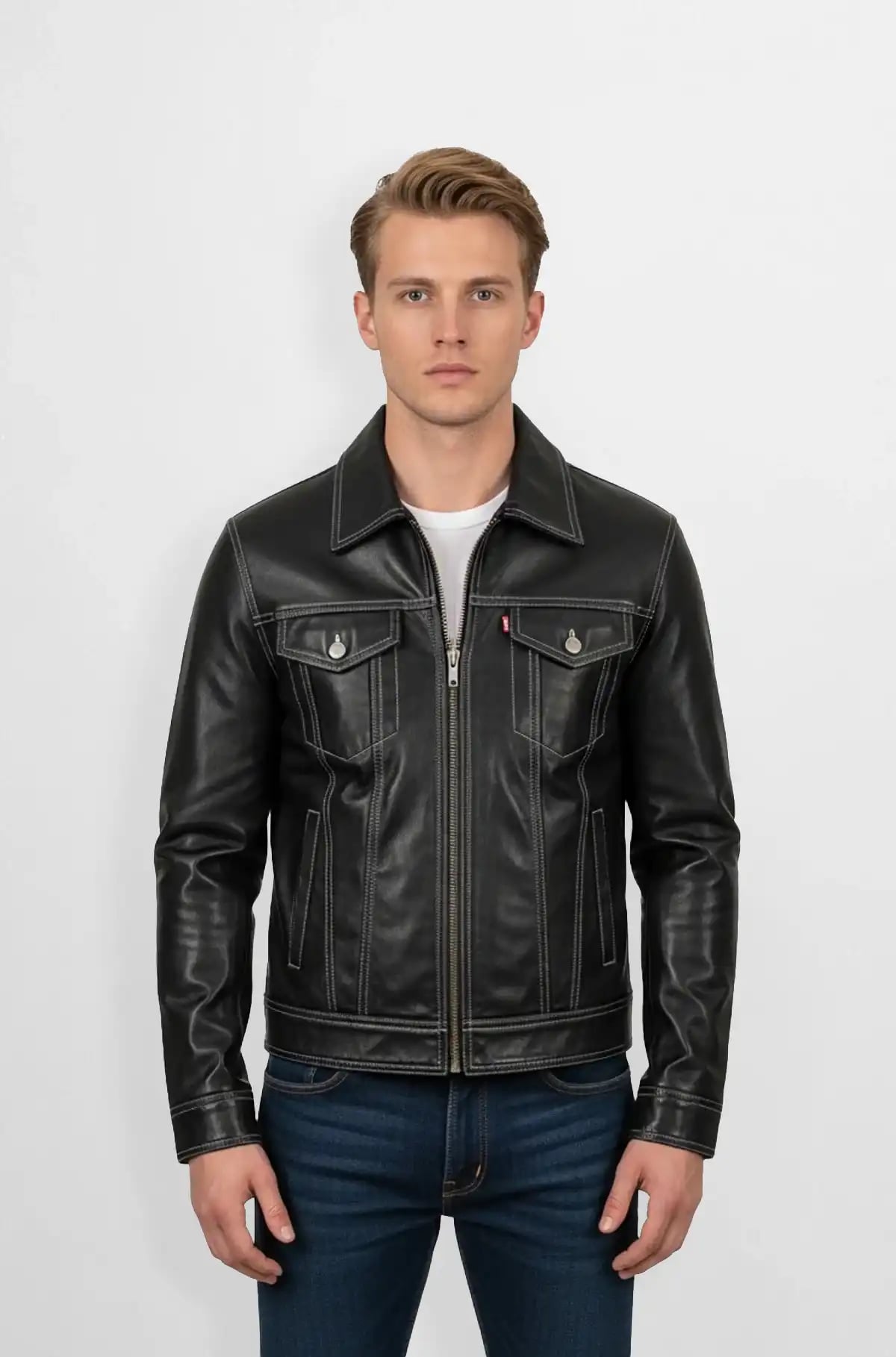 Mens Stitched Black Leather Bomber Jacket Mens Stitched Black Leather Bomber Jacket