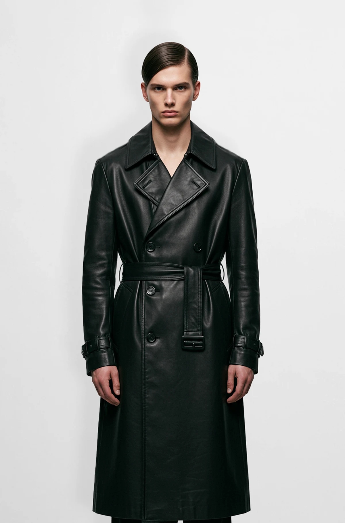 Men's black leather trench coat Men's black leather trench coat
