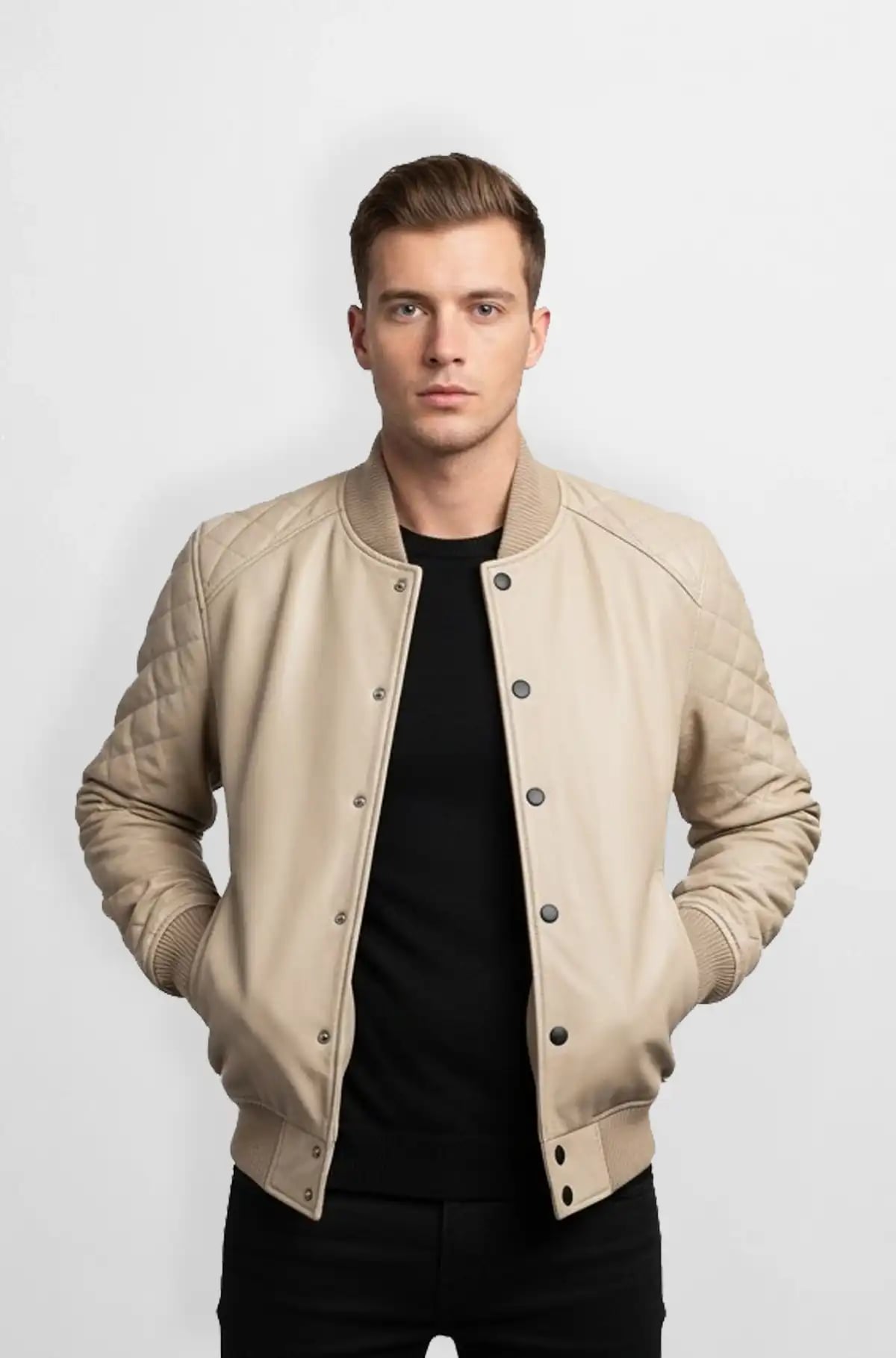 Mens Beige Quilted Leather Bomber Jacket Mens Beige Quilted Leather Bomber Jacket
