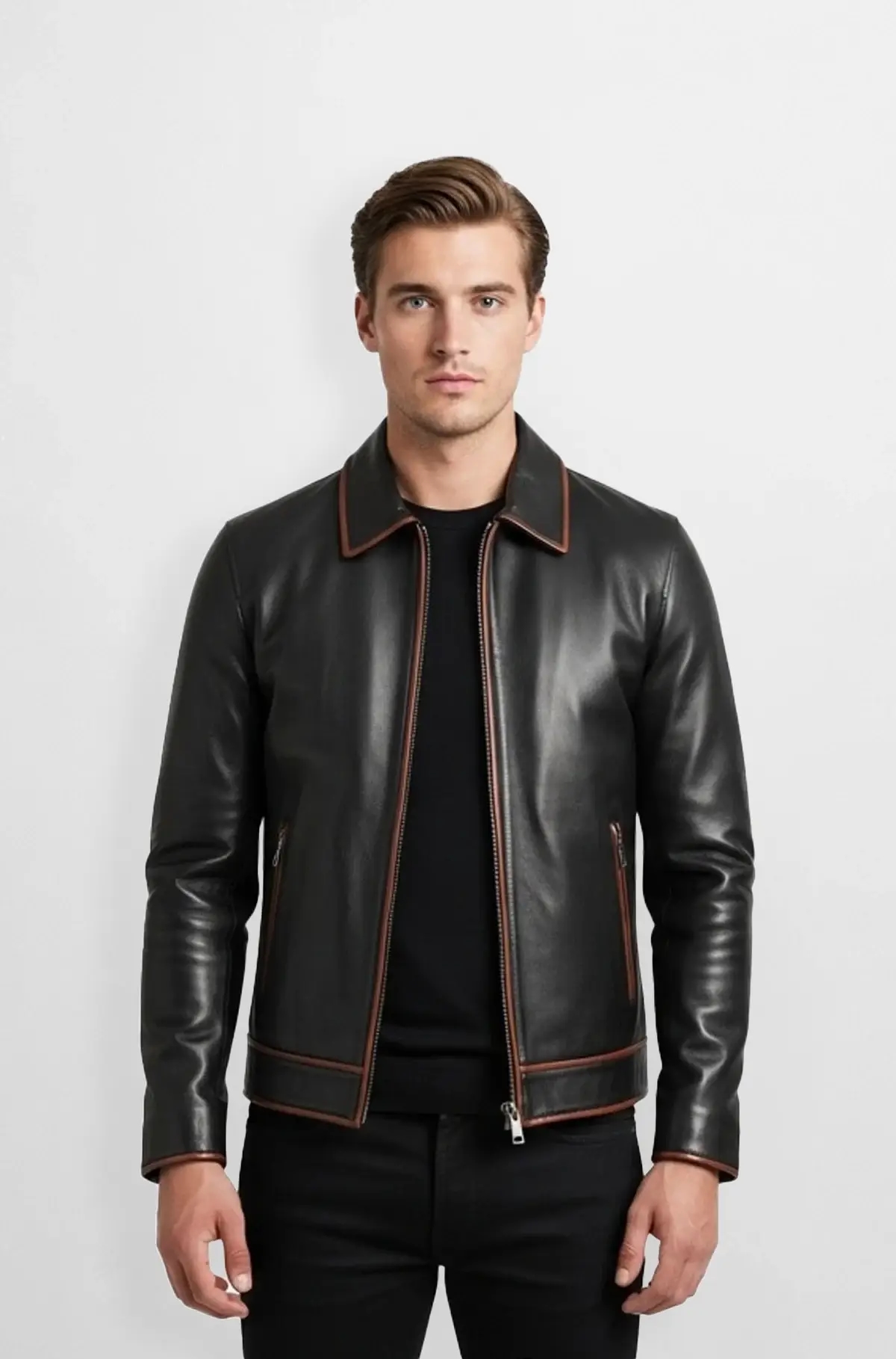 Mens Black Leather Jacket with Brown Trim Mens Black Leather Jacket with Brown Trim