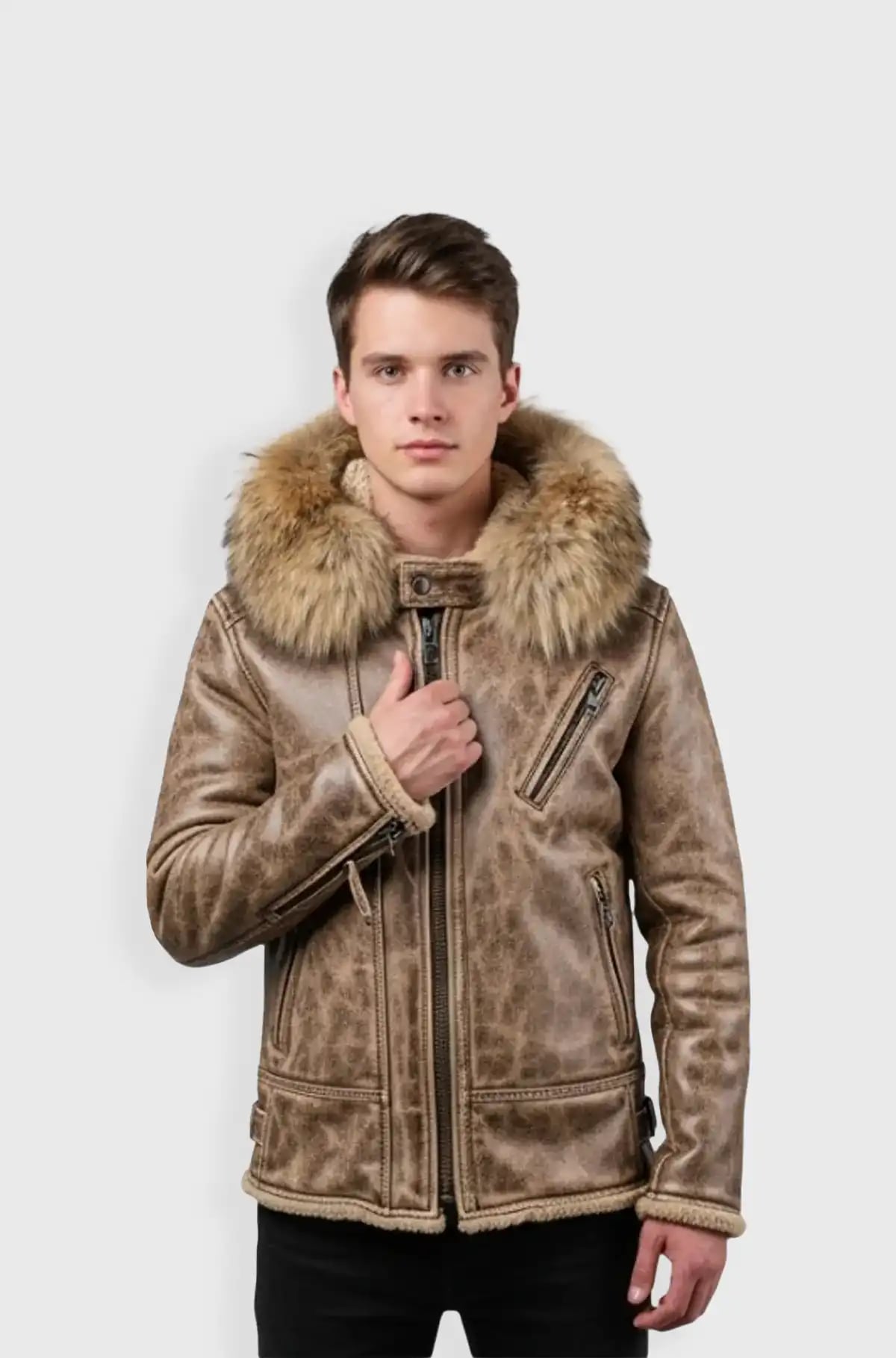 Mens Shearling Leather Aviator Jacket with Fur Hood Mens Shearling Leather Aviator Jacket with Fur Hood