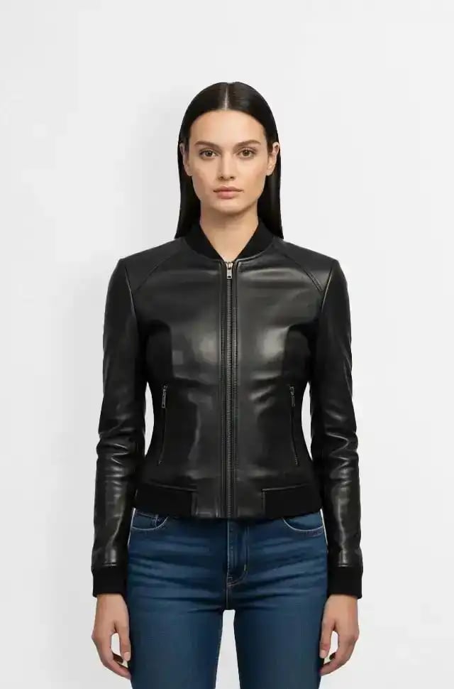 Midnight Black Womens Leather Bomber Jacket Midnight Black Womens Leather Bomber Jacket