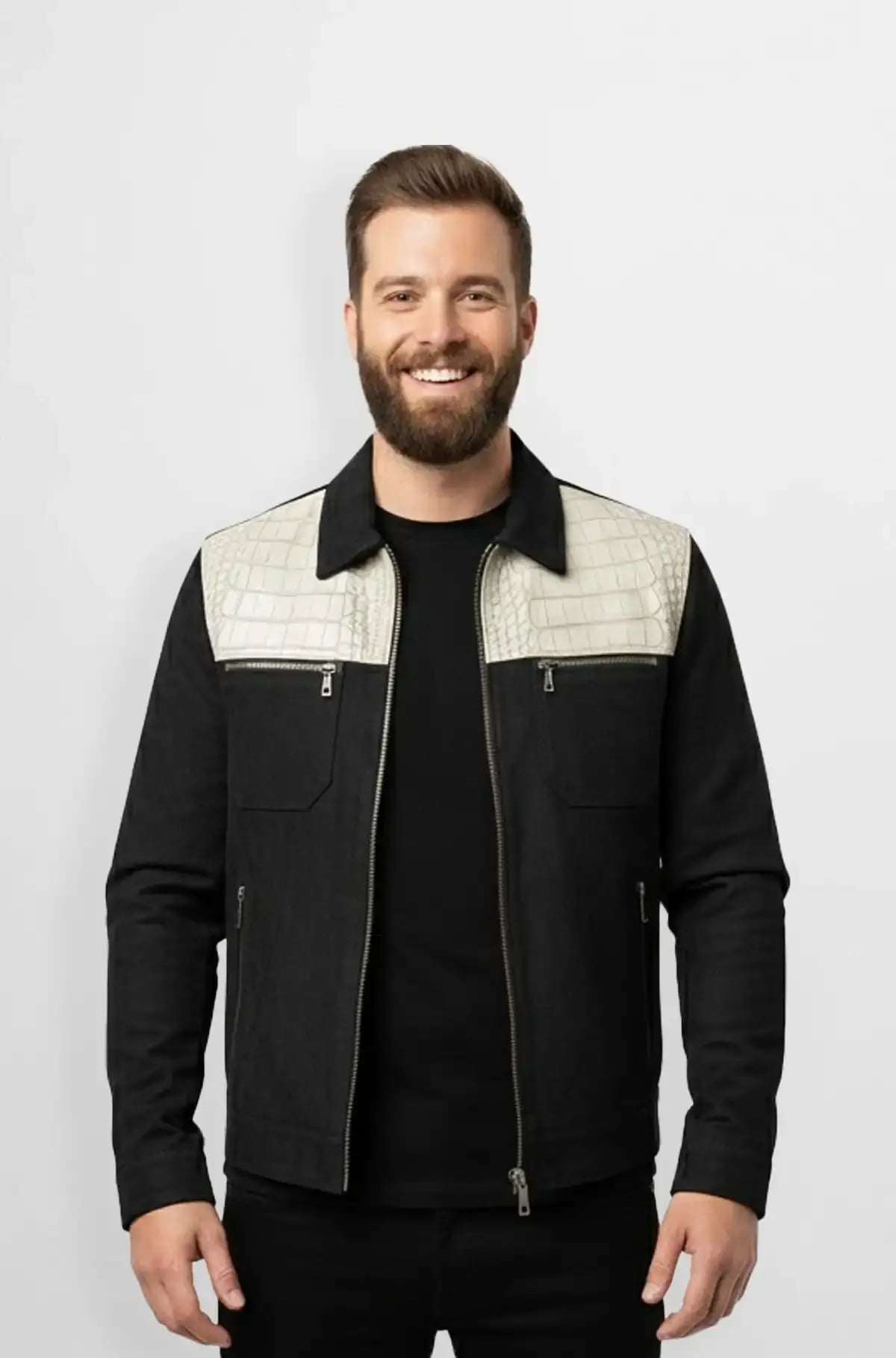 Midnight Black with Ivory Croc Suede Jacket Midnight Black with Ivory Croc Suede Jacket