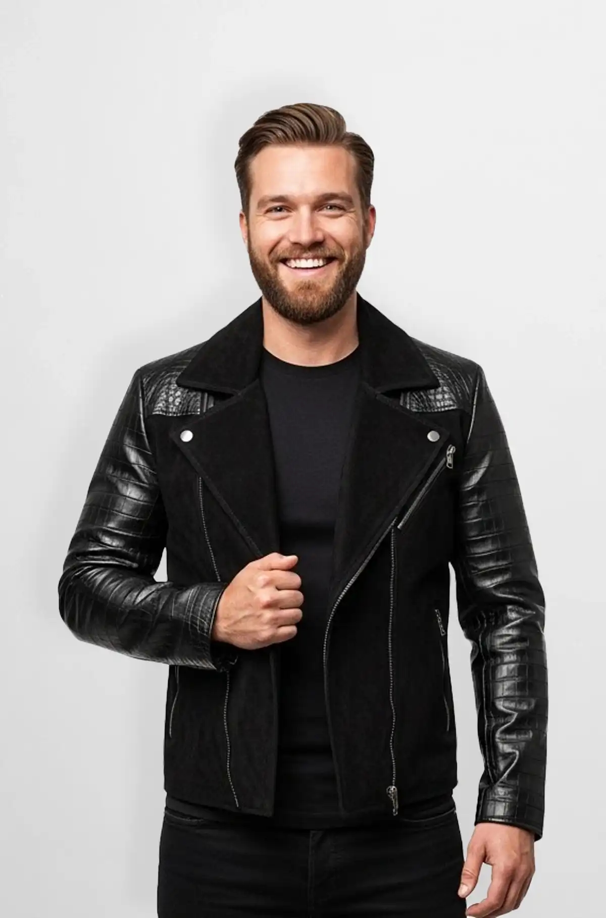 Midnight Jet Black Viper Crocodile Trim Biker Jacket Midnight Jet Black Viper Crocodile Trim Biker Jacket