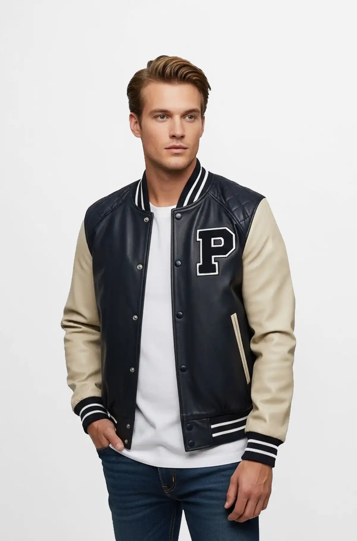 Navy Blue and Beige Mens Premium Leather Varsity Jacket Navy Blue and Beige Mens Premium Leather Varsity Jacket