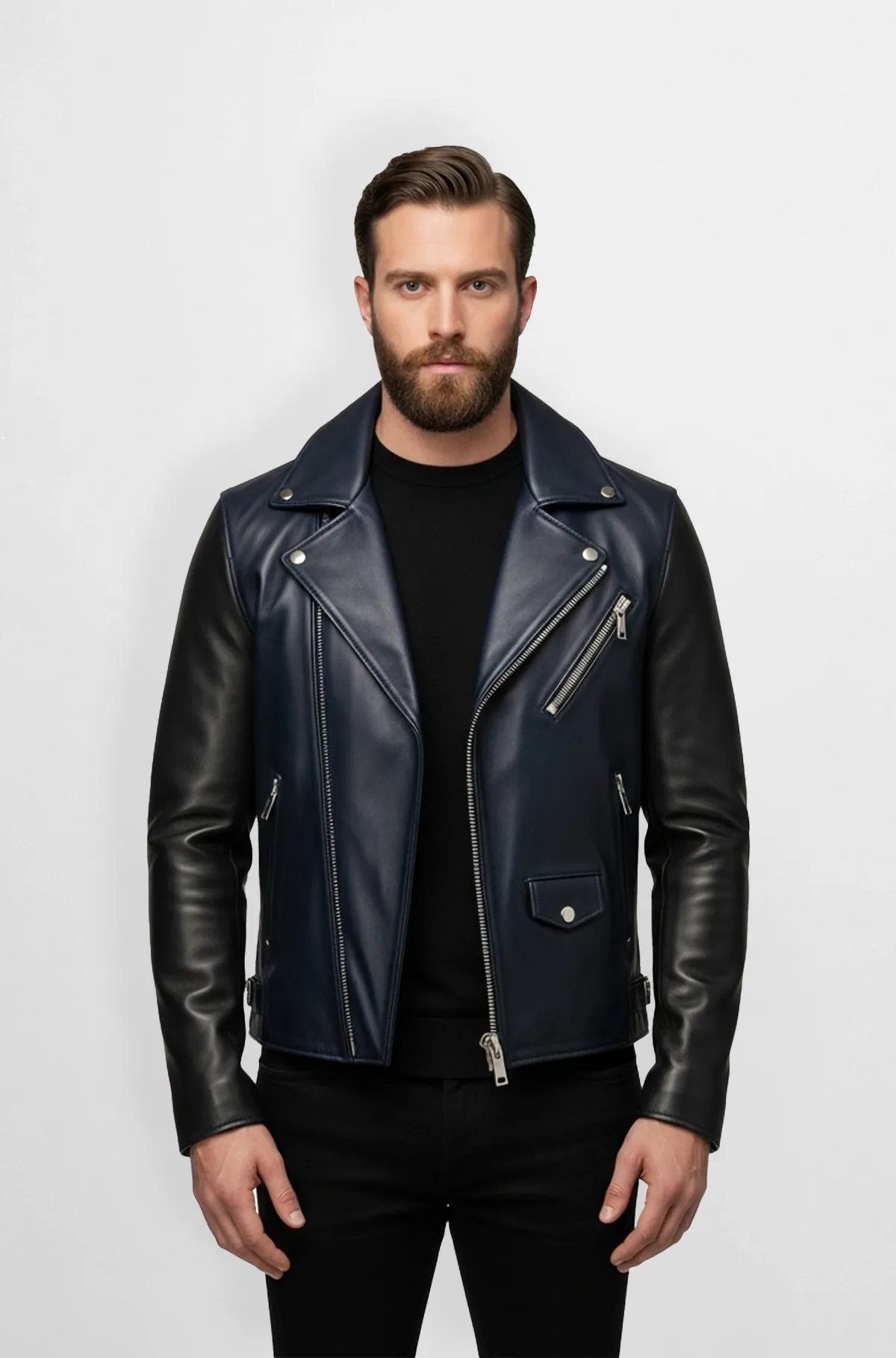 Navy Blue and Black Biker Leather Jacket Navy Blue and Black Biker Leather Jacket