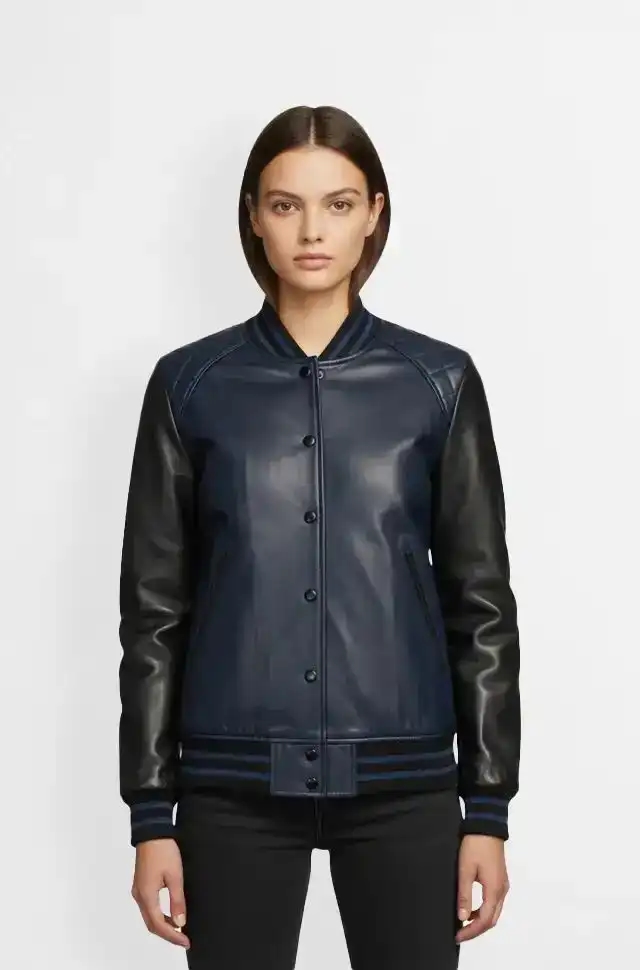 Navy Blue and Black Varsity Leather Jacket for Women Navy Blue and Black Varsity Leather Jacket for Women