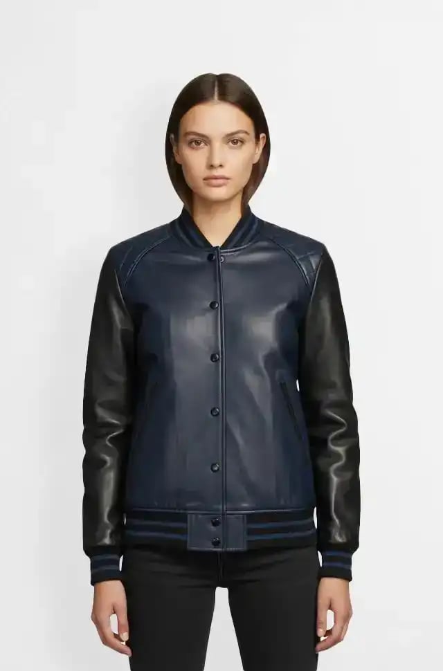 Navy Blue and Black Varsity Leather Jacket for Women Navy Blue and Black Varsity Leather Jacket for Women