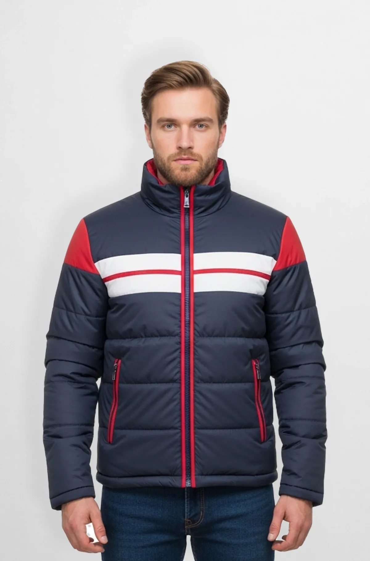 Navy Blue with Red and White Vanguard Alpine Puffer Jacket Navy Blue with Red and White Vanguard Alpine Puffer Jacket