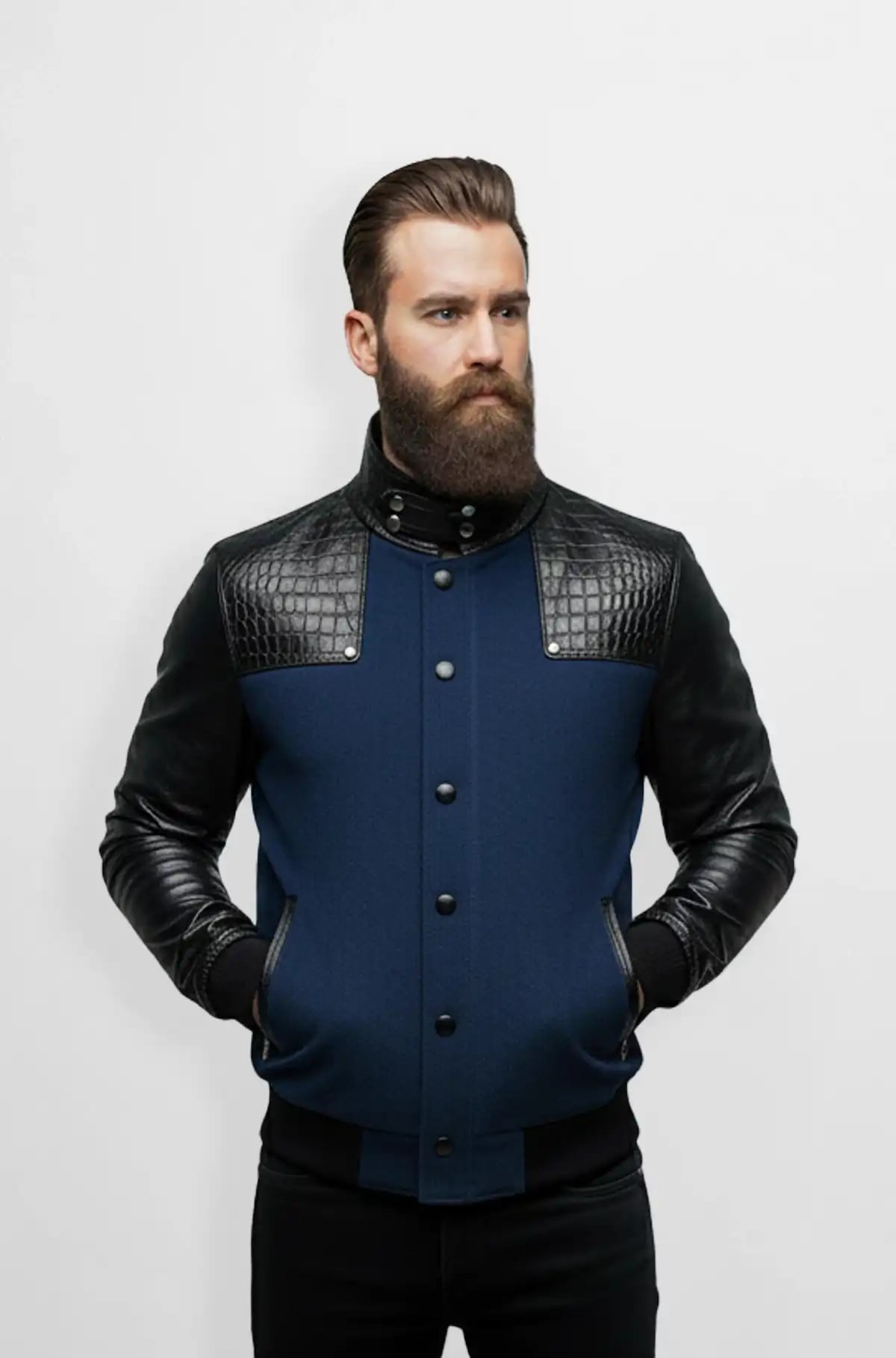 Navy Blue wool with Black Crocodile Leather Shoulders Navy Blue wool with Black Crocodile Leather Shoulders