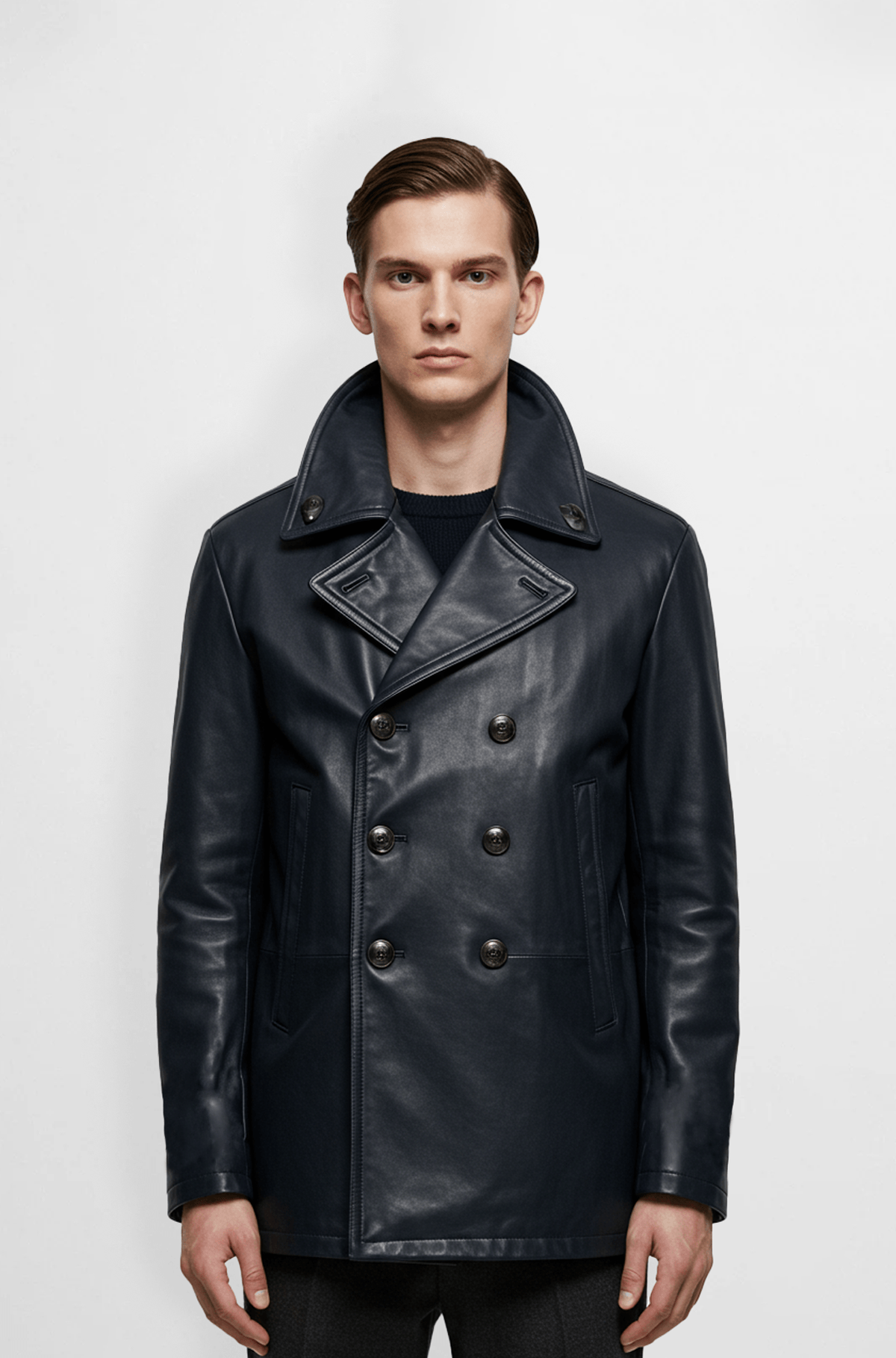 Navy Leather Peacoat for Men Navy Leather Peacoat for Men