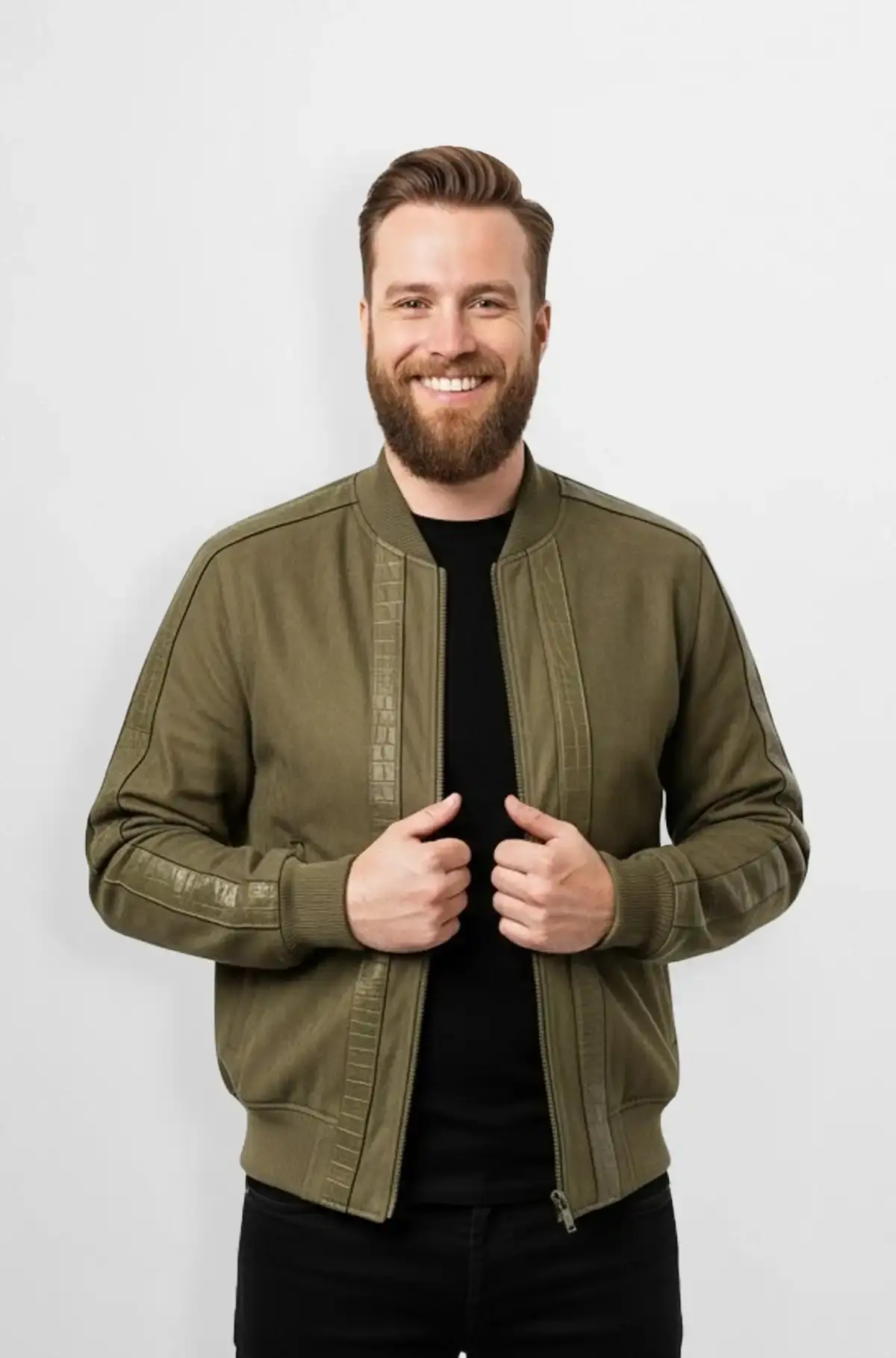 Olive Green Crocodile Suede Bomber Jacket Olive Green Crocodile Suede Bomber Jacket