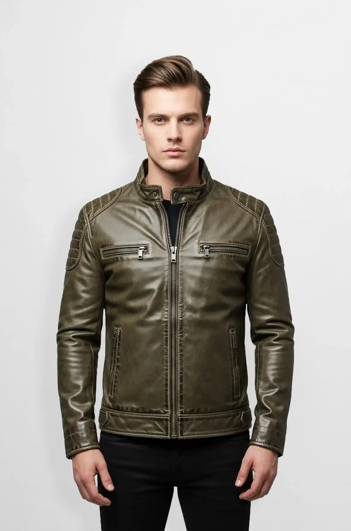 Olive Green Pure Leather Biker Jacket Olive Green Pure Leather Biker Jacket